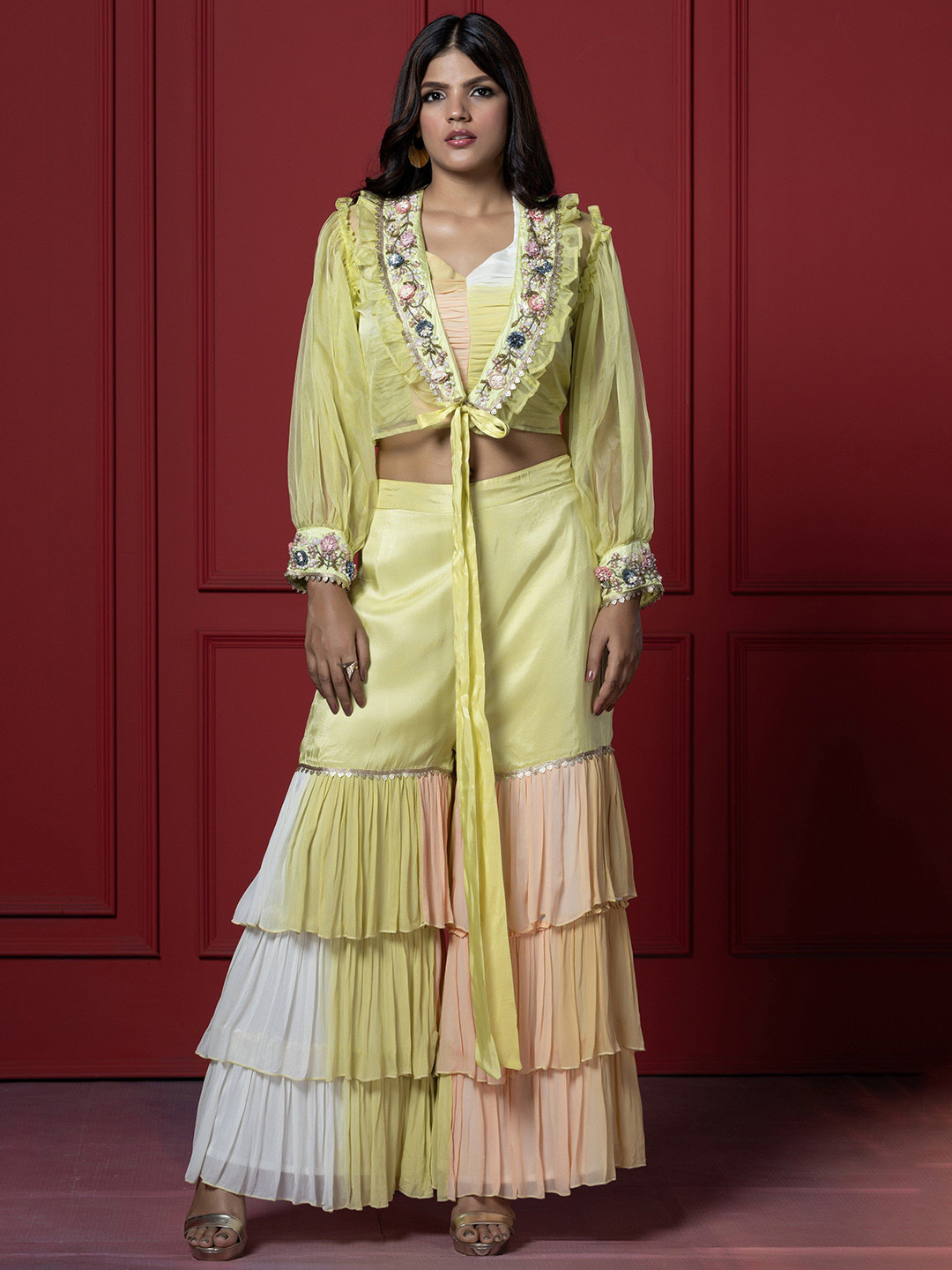 GloballyRonakRBafna Embellished Shoulder Strap Top & Colorful Sharara With Jacket Co-Ords