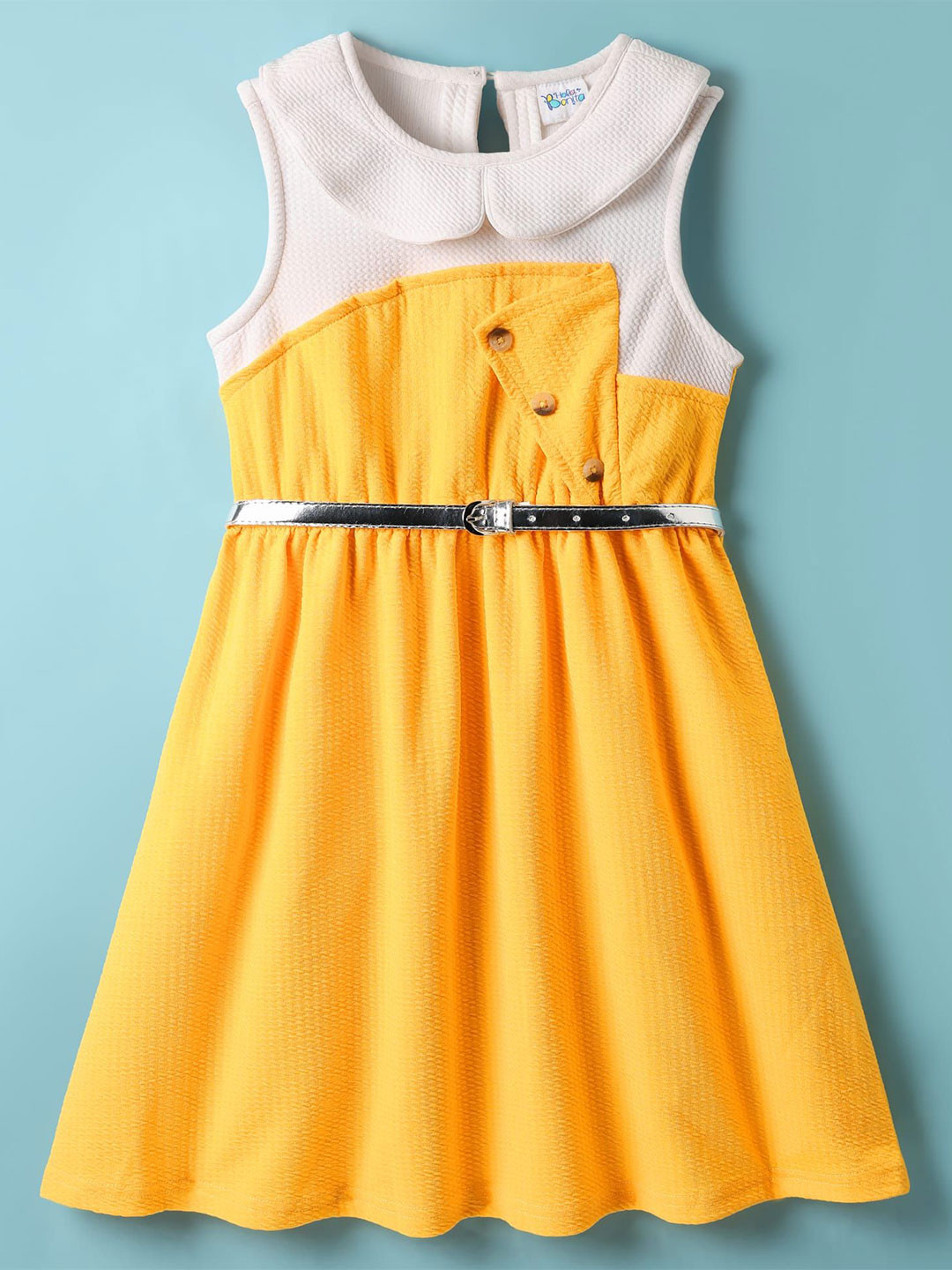 Hola Bonita Girls Peter Pan Collar Sleeveless Textured Dress With Belt
