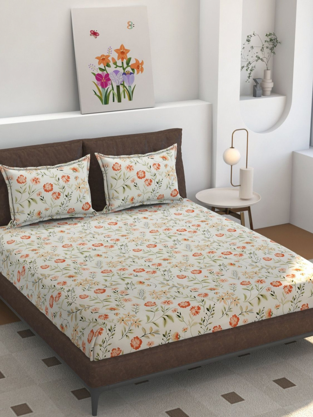 Florida Off White & Orange Floral 160 TC Queen Bedsheet Set 275 cm X 228 cm