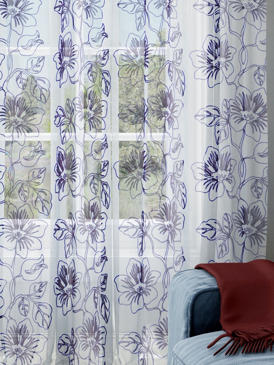 Parda Online White & Violet Floral Sheer Long Door Curtain