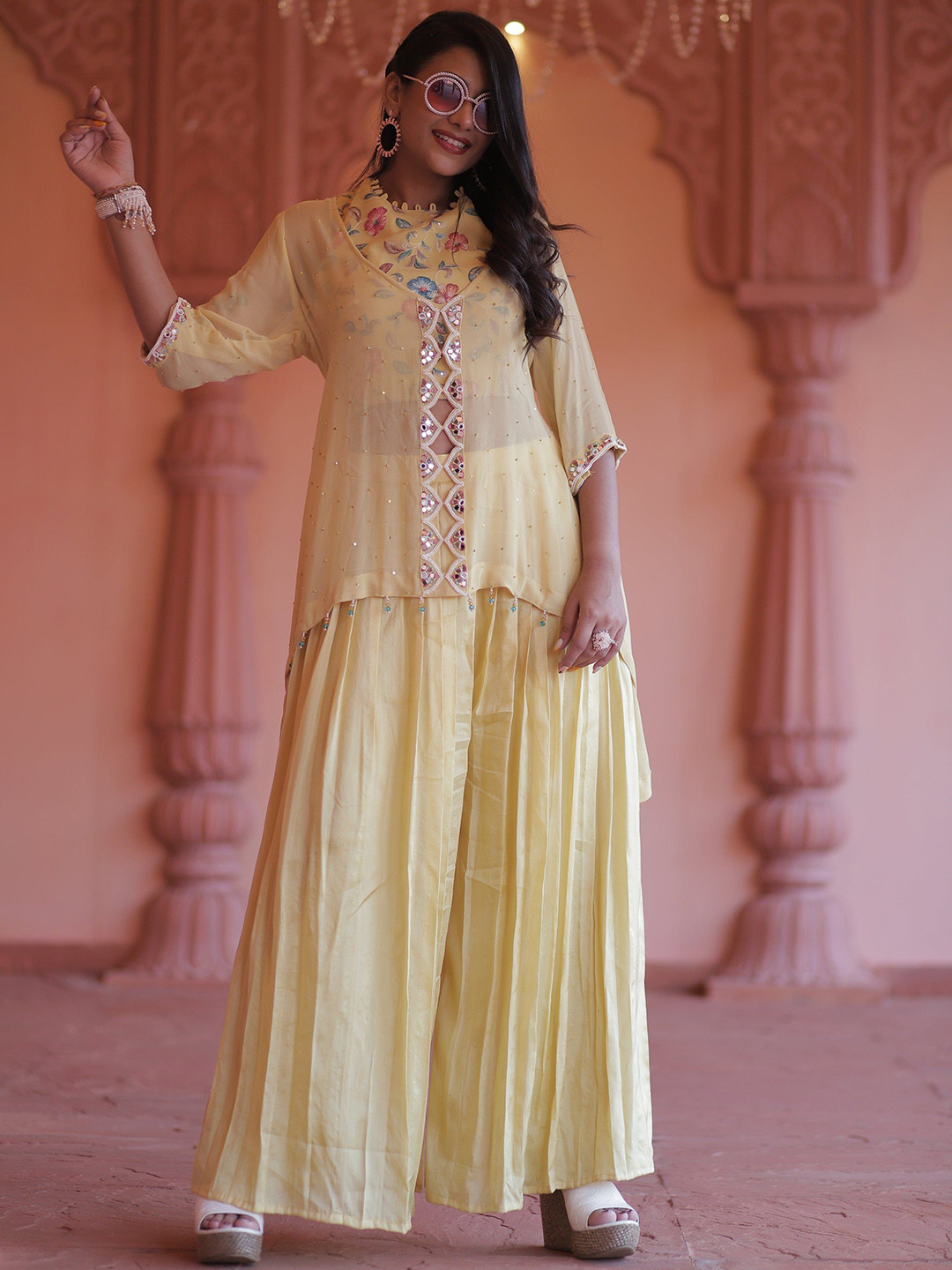 GloballyRonakRBafna Embellished Cape Style Top Shrug With Palazzo Co-Ords