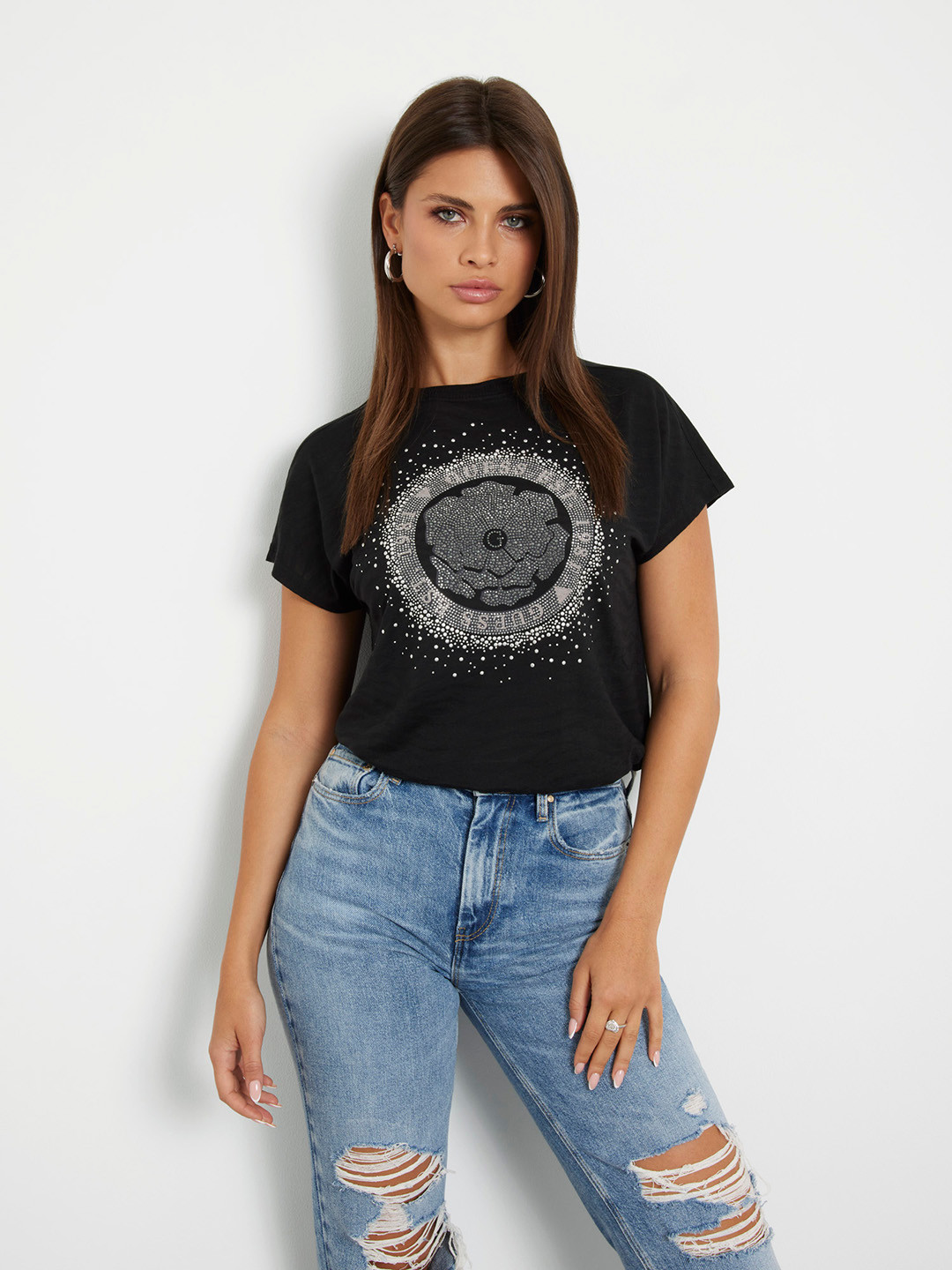 GUESS Brand Logo Embellished Extended Sleeves Studded T-shirt