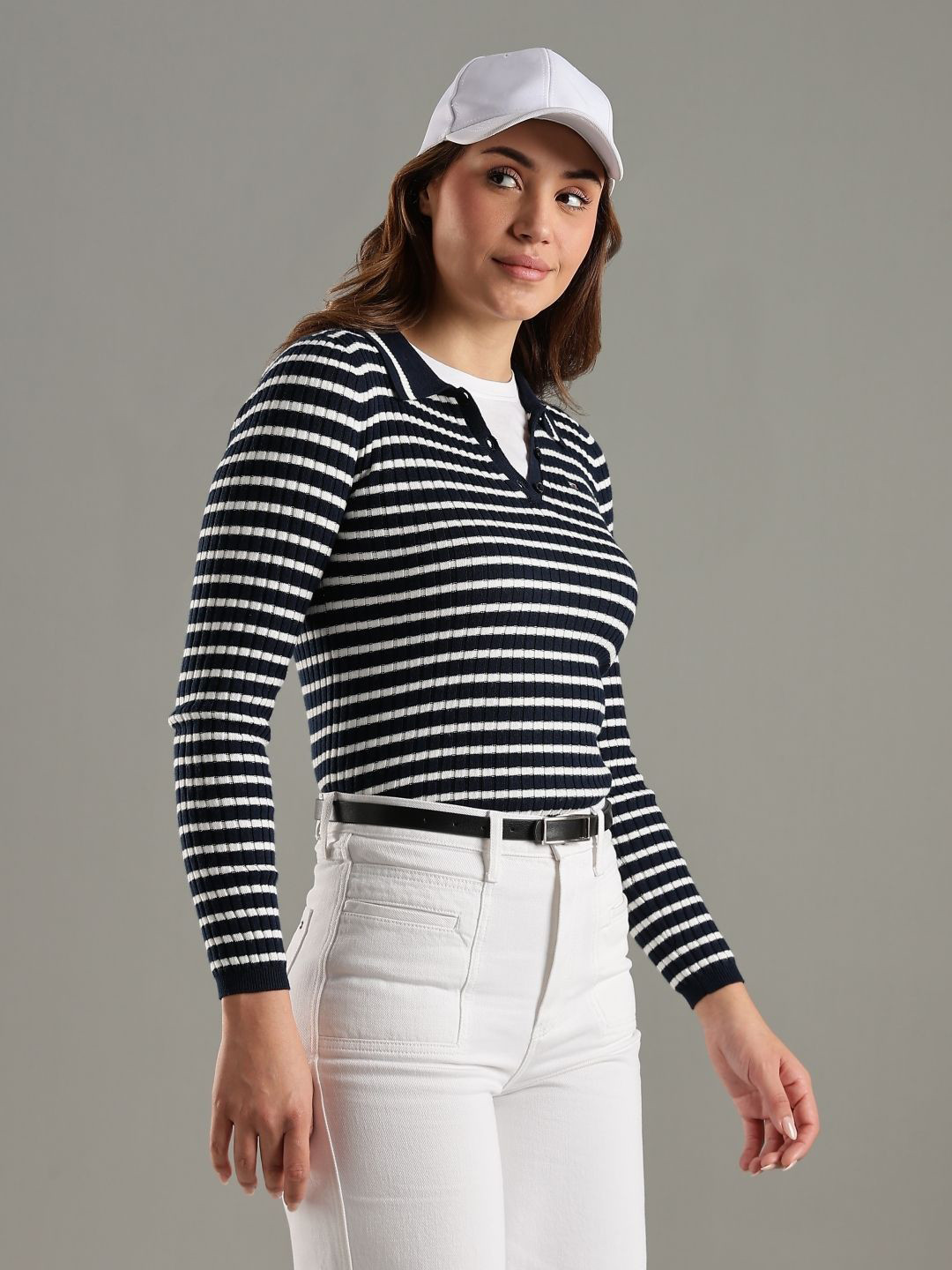 Tommy Hilfiger Women Striped Slim Fit Cotton Polo Collar Pullover Sweater