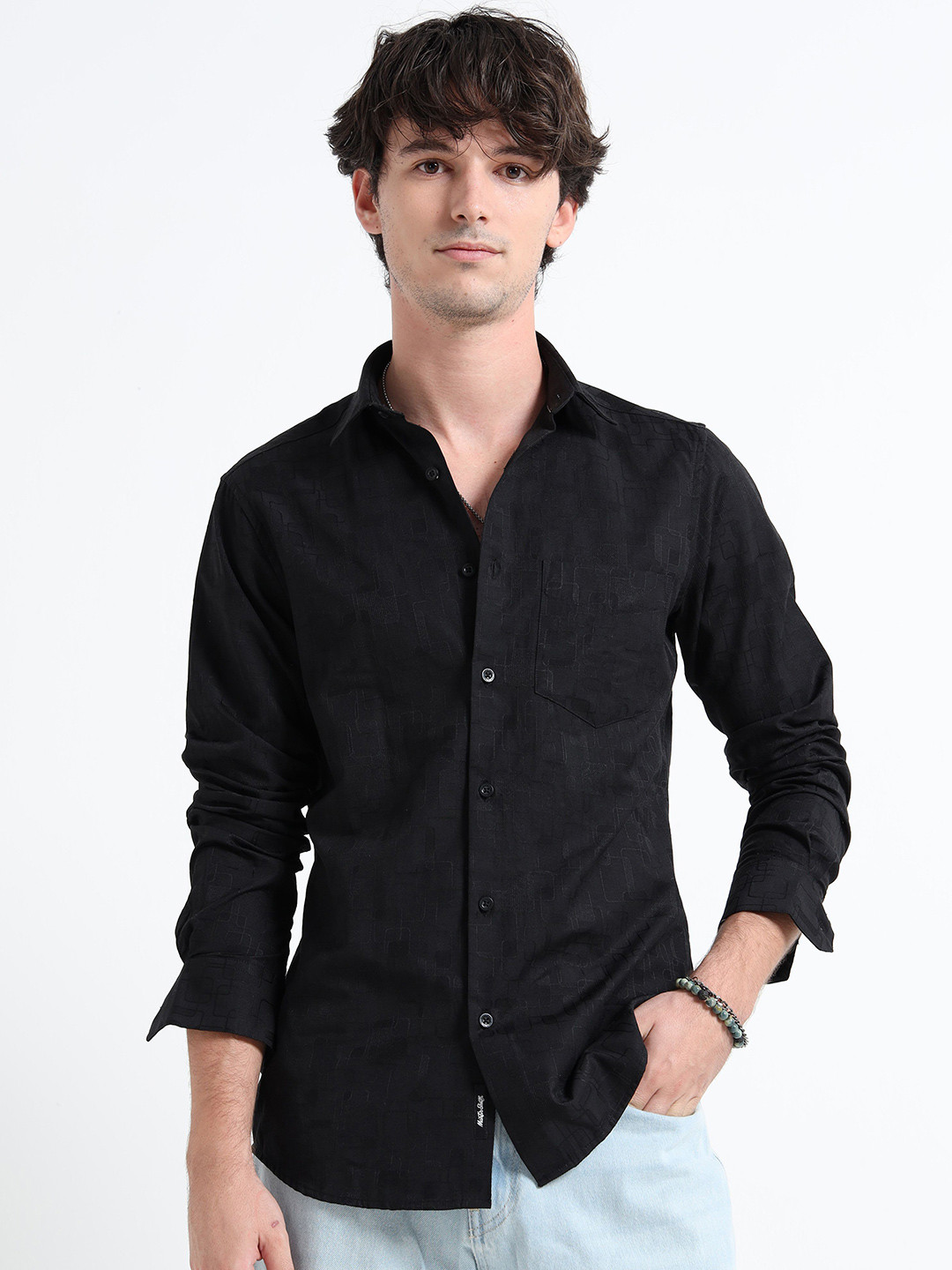 MARTIN SMITH Geometric Self Design Long Sleeves Cotton Linen Shirt