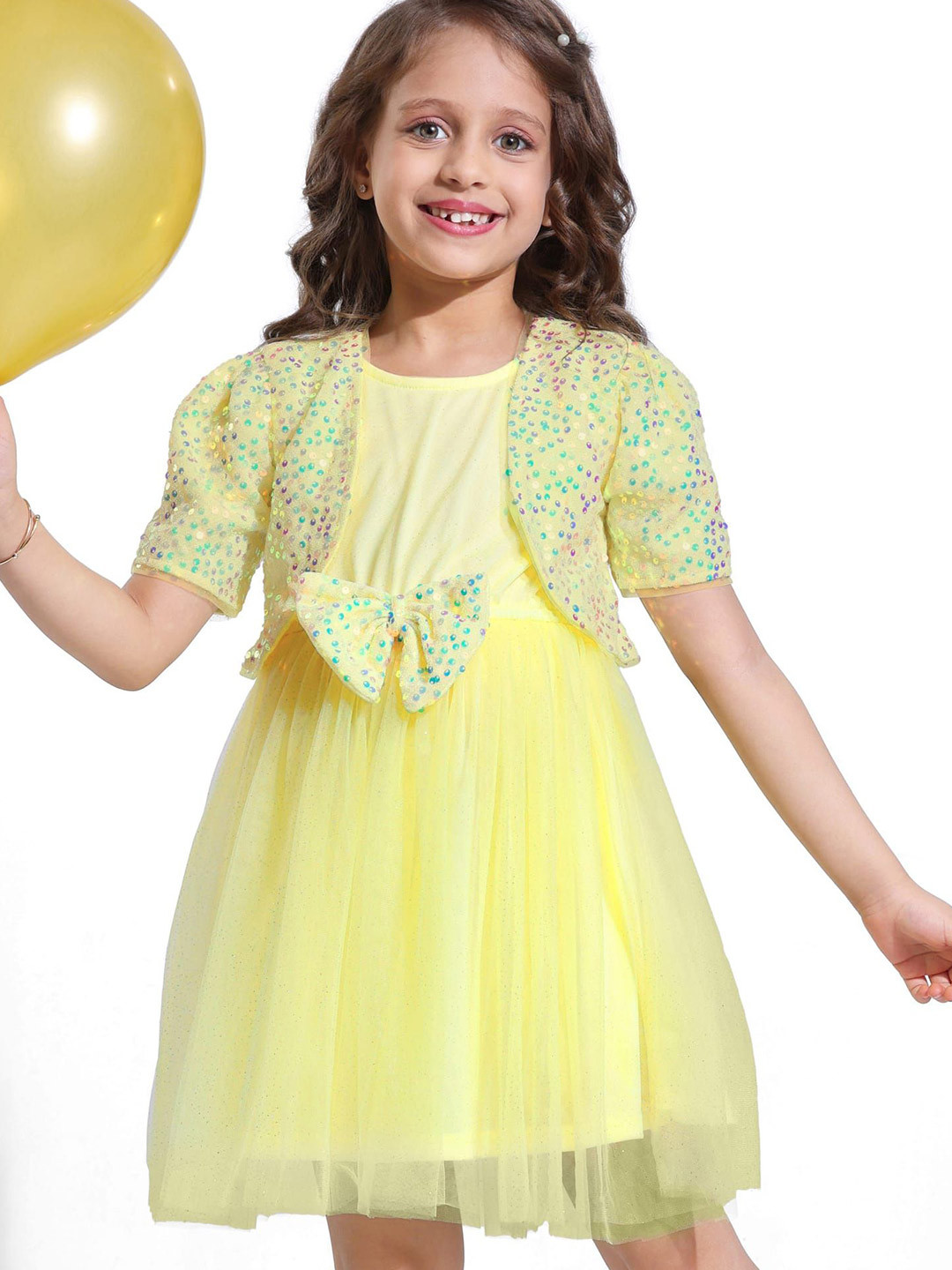 Hola Bonita Girls Bow Detail Tulle Fit & Flare Dress with Sequinned Jacket