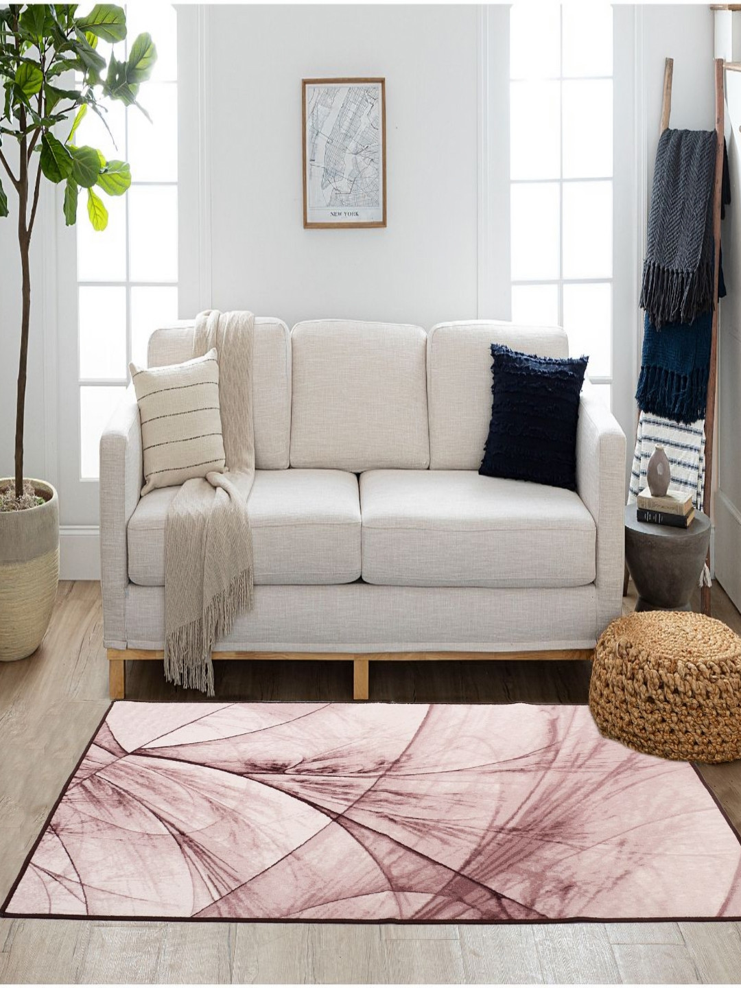 MODEFE Peach-Coloured Abstract Loop Pile Anti-Skid Nylon Carpet