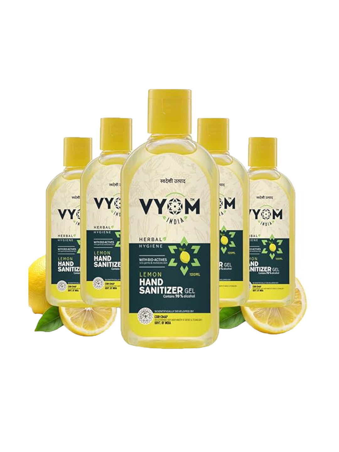 VYOM INDIA ORGANICS Set Of 5 Lemon Liquid Hand Sanitizer Gel- 120 ml Each