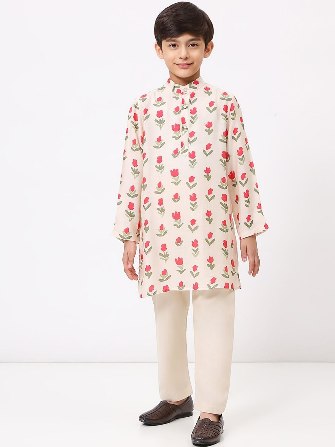 SPUNKIES Boys Cream Floral Printed Kurta Pajama Set