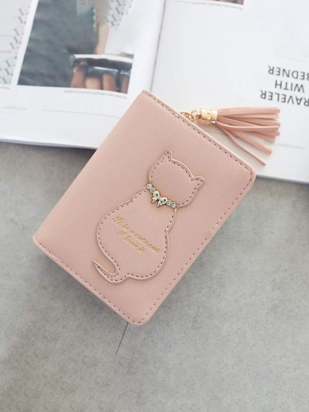 VALERIE Women Cute Cat Design Card Holder with Tassel Zip Compact Card Holder Purse