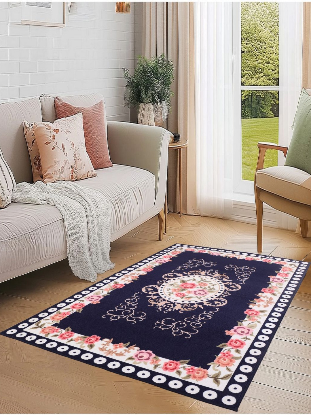 MODEFE Blue & Orange Floral Light Anti-Skid Carpet