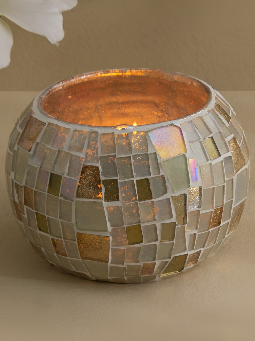 Home Centre Gold Toned & Green Votive Glass Candle Holder