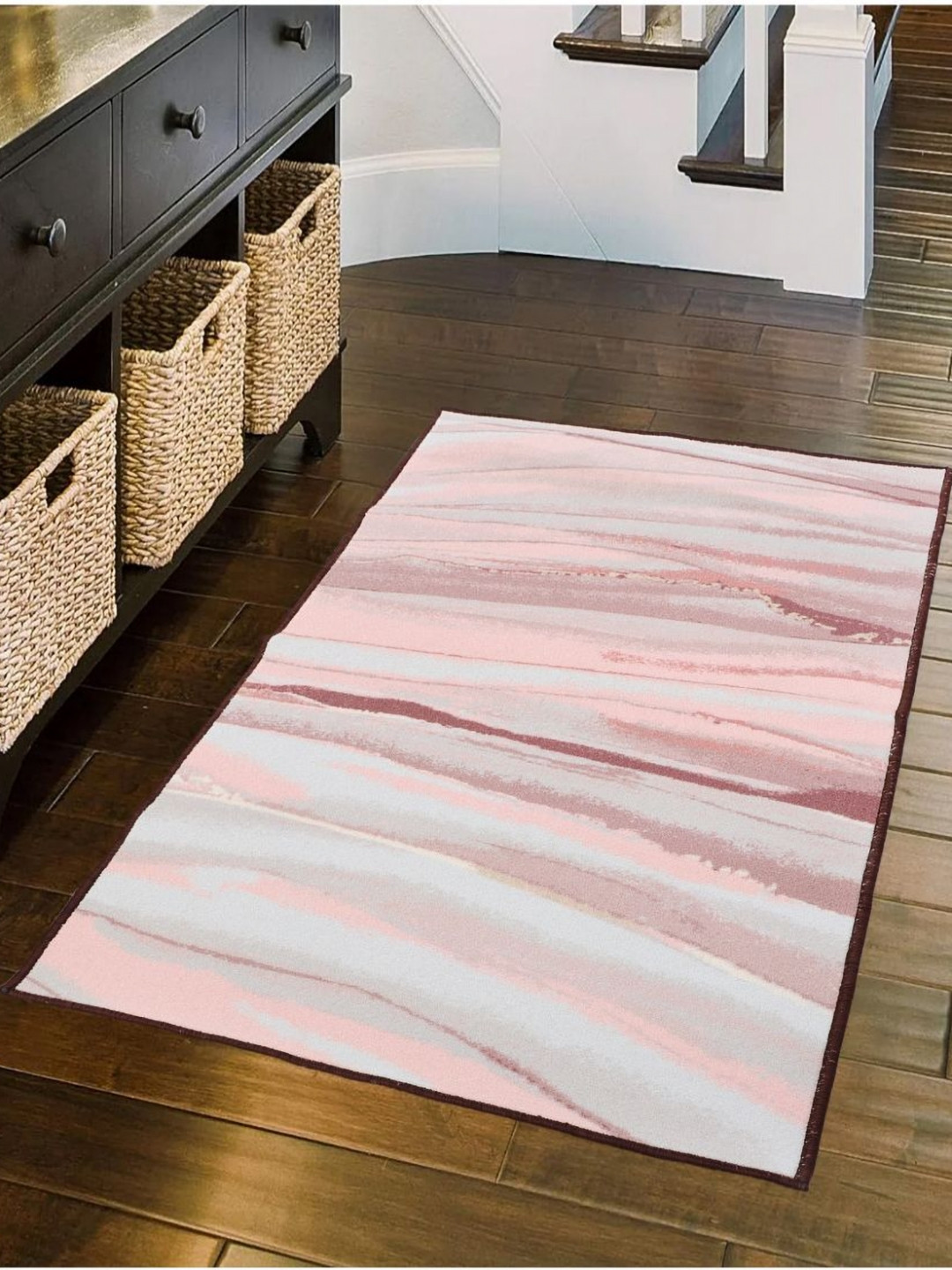 MODEFE Peach & Maroon Abstract Light Anti-Skid Carpet
