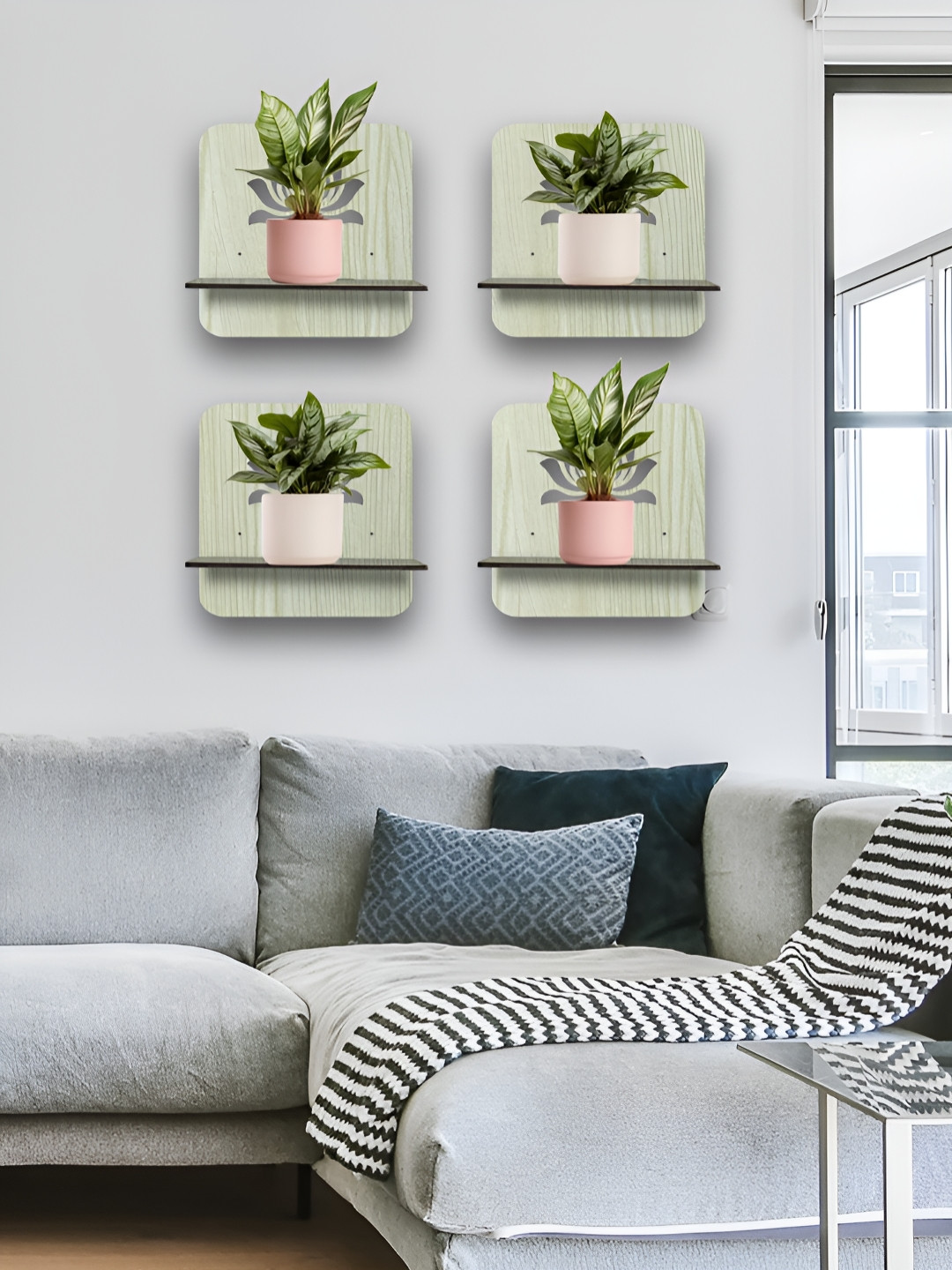 OLIVE TREE Black & Cream 4 Pieces Olive Tree Planter Stand Wall Shelves