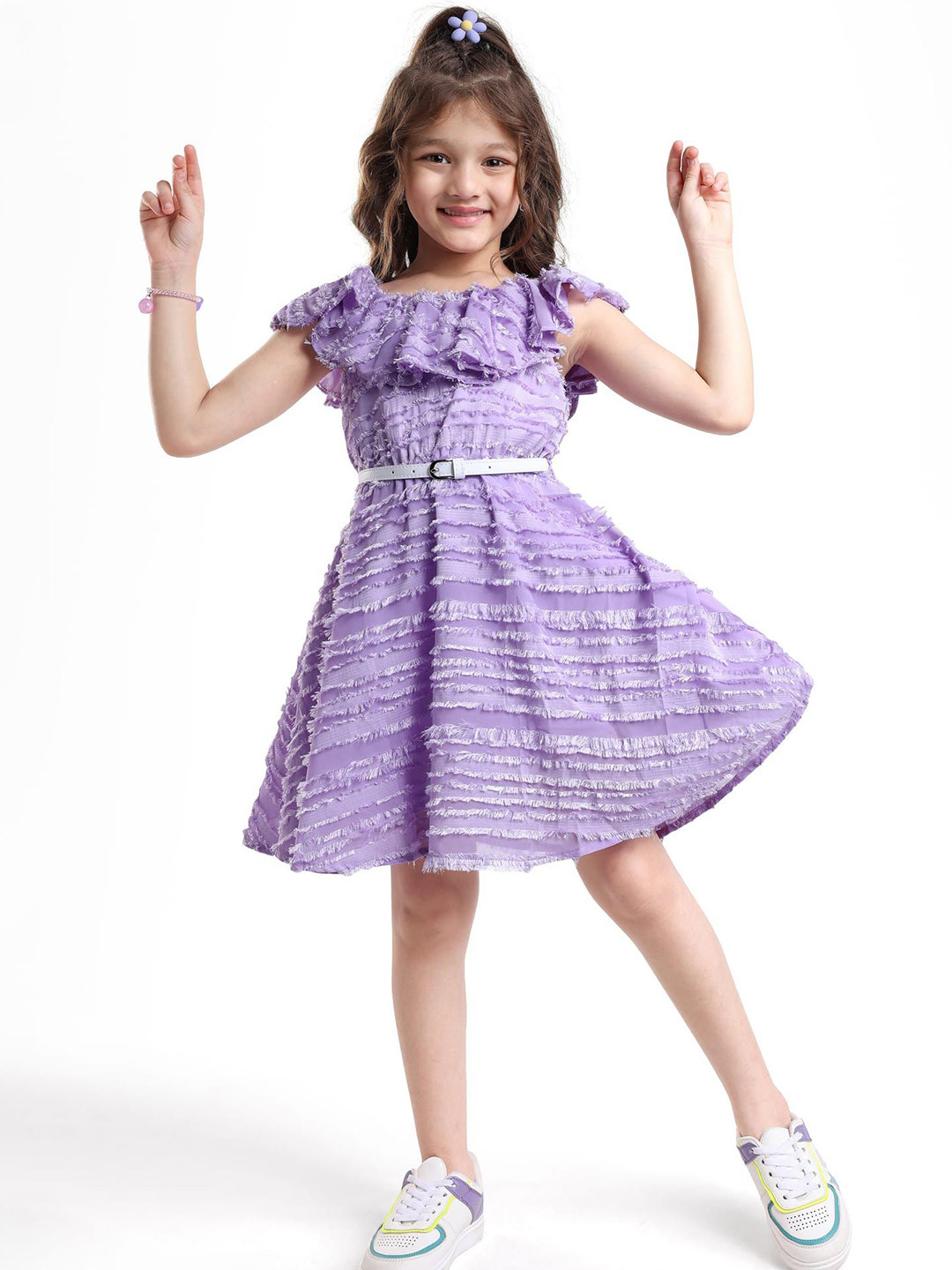 Hola Bonita Girls Self Design Ruffles Cape Sleeves Fit & Flare Dress
