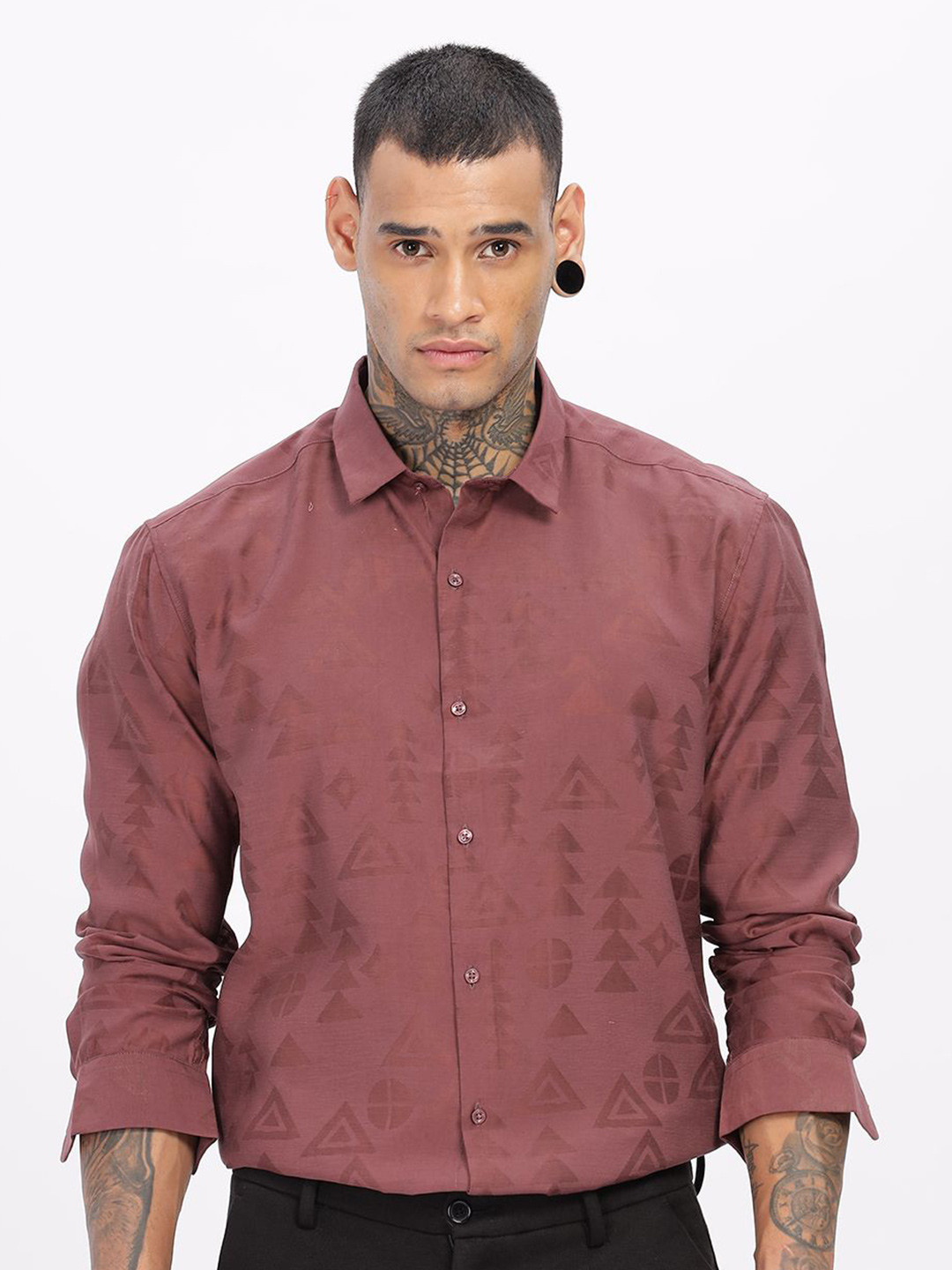 THREE DAYS Brasso Comfort Geometric Printed Spread Collar Cotton Shirt