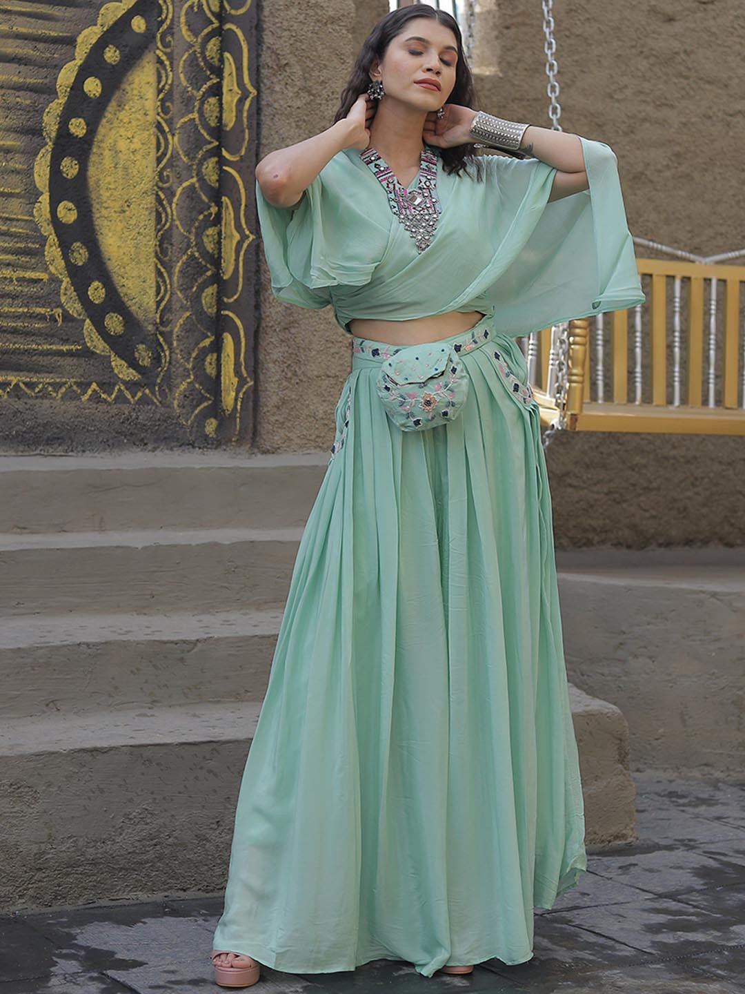 GloballyRonakRBafna Embroidered Kaftaan Top & Palazzo Co-Ord Set