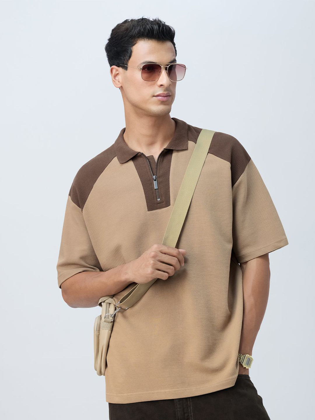 The Souled Store Oversized Ottoman Colourblocked Polo Collar T-Shirt