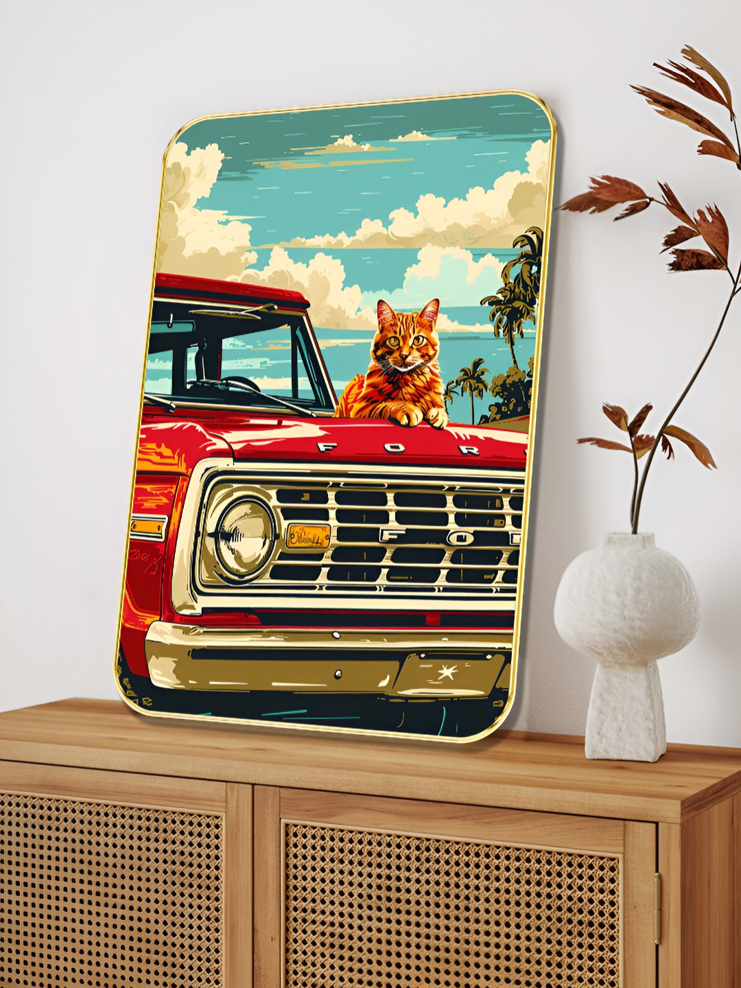 Myntra Elegant Homes Red & Green Wooden Vintage Cat on Classic Car Wall Art