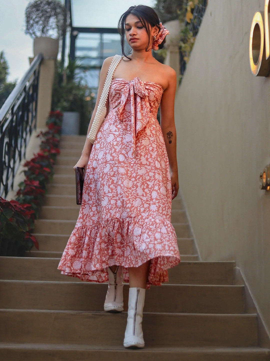 ODHANON Women Floral Print Tiered Fit & Flare Midi Dress brunch get together