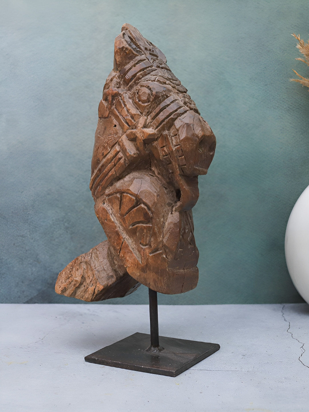 The Advitya Brown Wooden Horse Head On A Stand Curio Showpiece