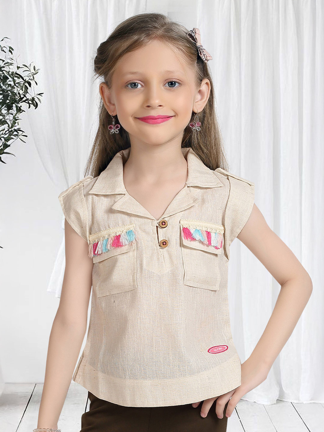 Lei-Chie Girls Lapel Collar Short Sleeves Cotton Top