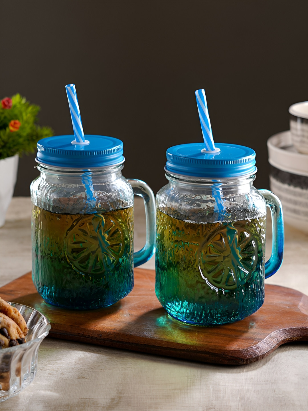 ceradeco Blue 2 Pieces Textured Mason Jar With Metal Lid & Straw 480 ml Each