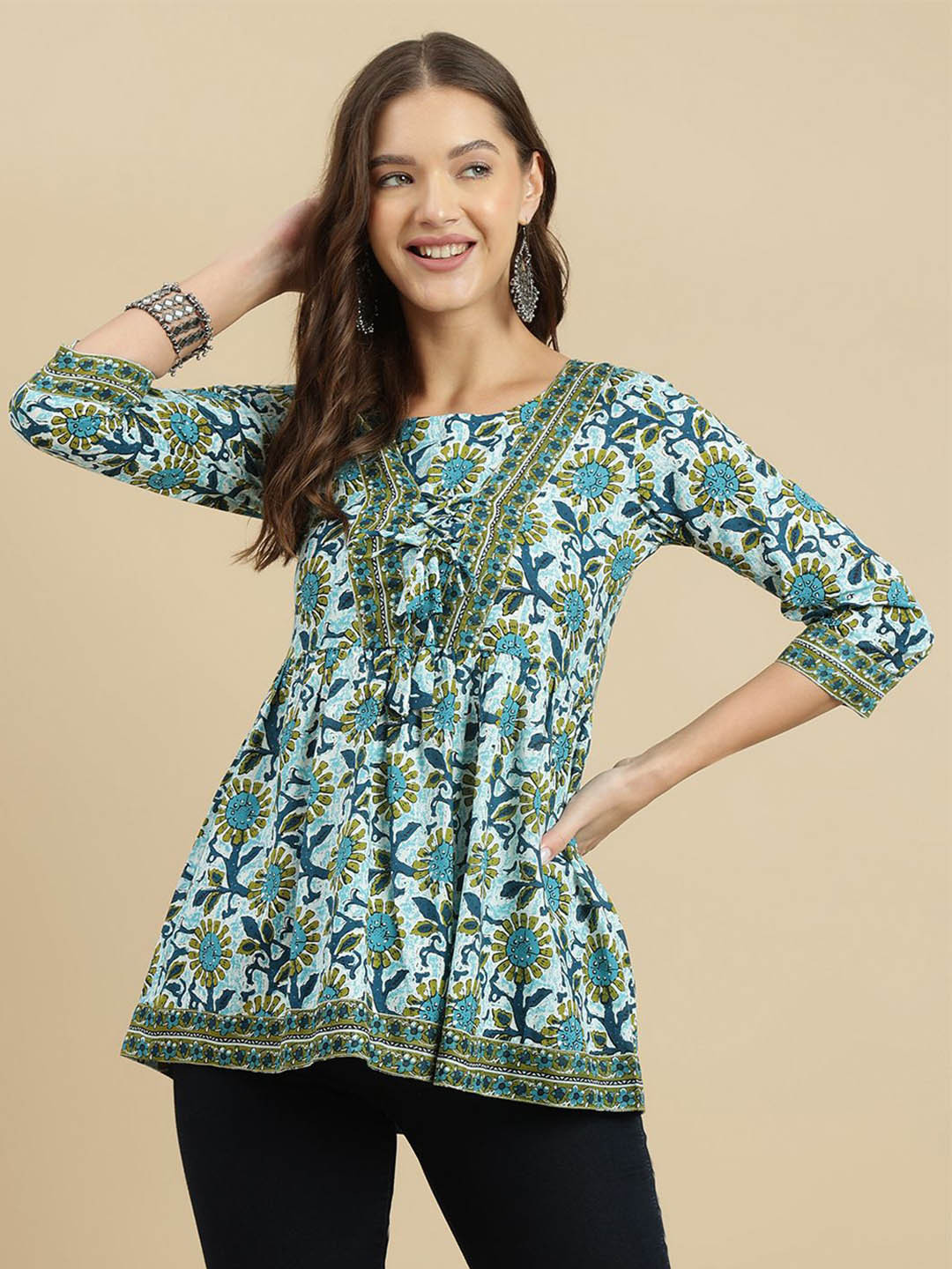 HERE&NOW Women Floral Printed Cotton Round Neck designer A-Line Top