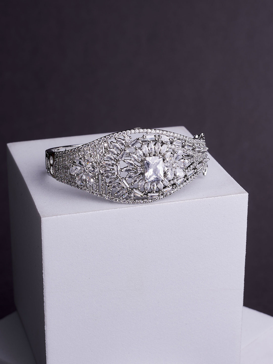 Opal Touch Rhodium-Plated Cubic Zirconia Bangle-Style Bracelet