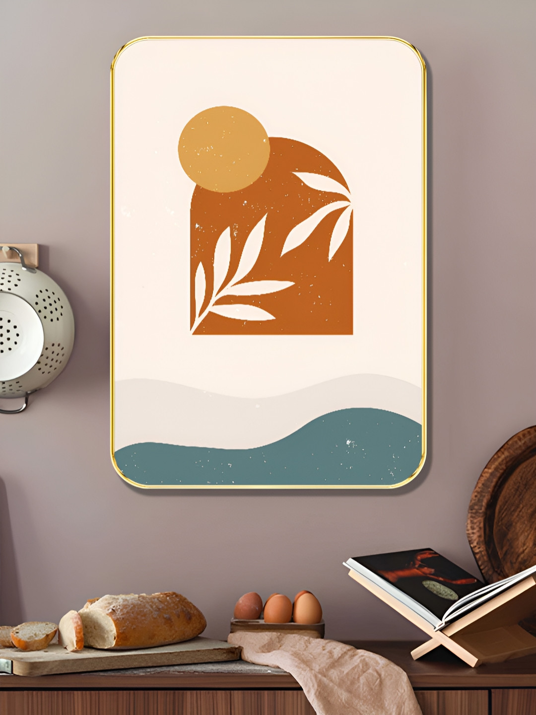 Myntra Elegant Homes Cream-Coloured & Orange 1 Piece Wooden Sunset Botanical Wall Art