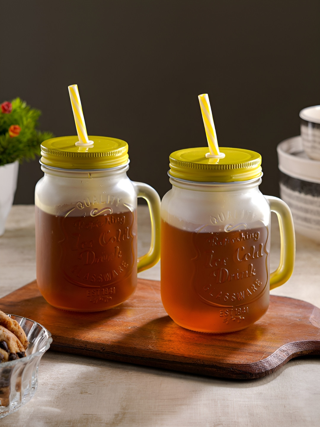 ceradeco Yellow 2 Pieces Dishwasher and Microwave Safe Jar With Metal Lid & Straw Each