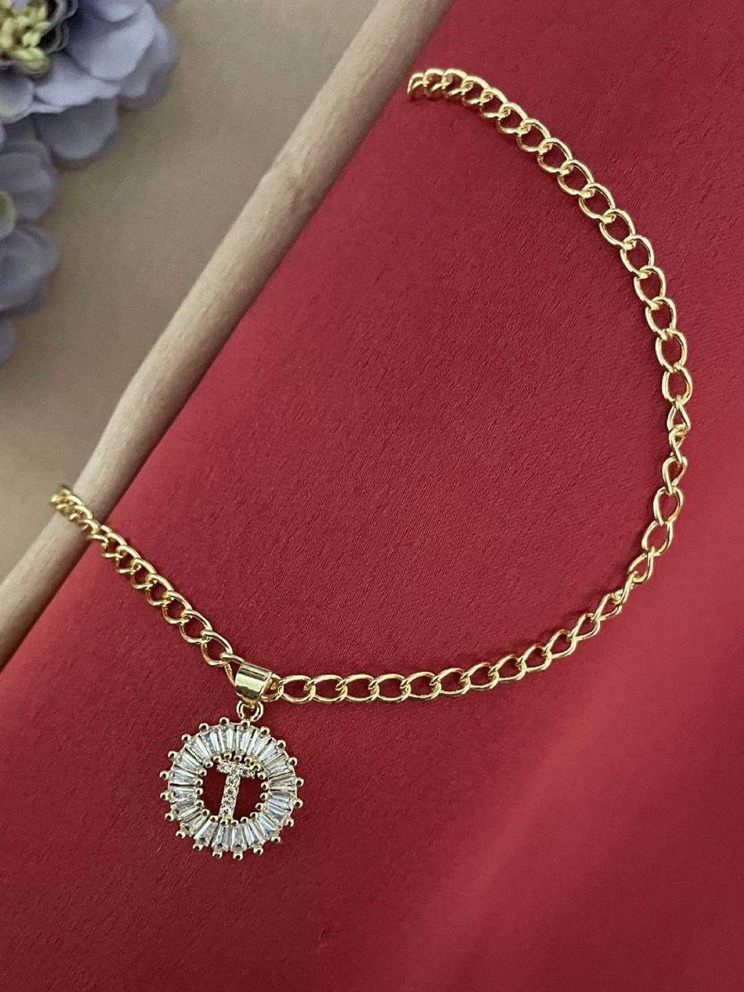 Digital Dress Room American Diamond Studded T Letter Round Pendant Wraparound Rakhi