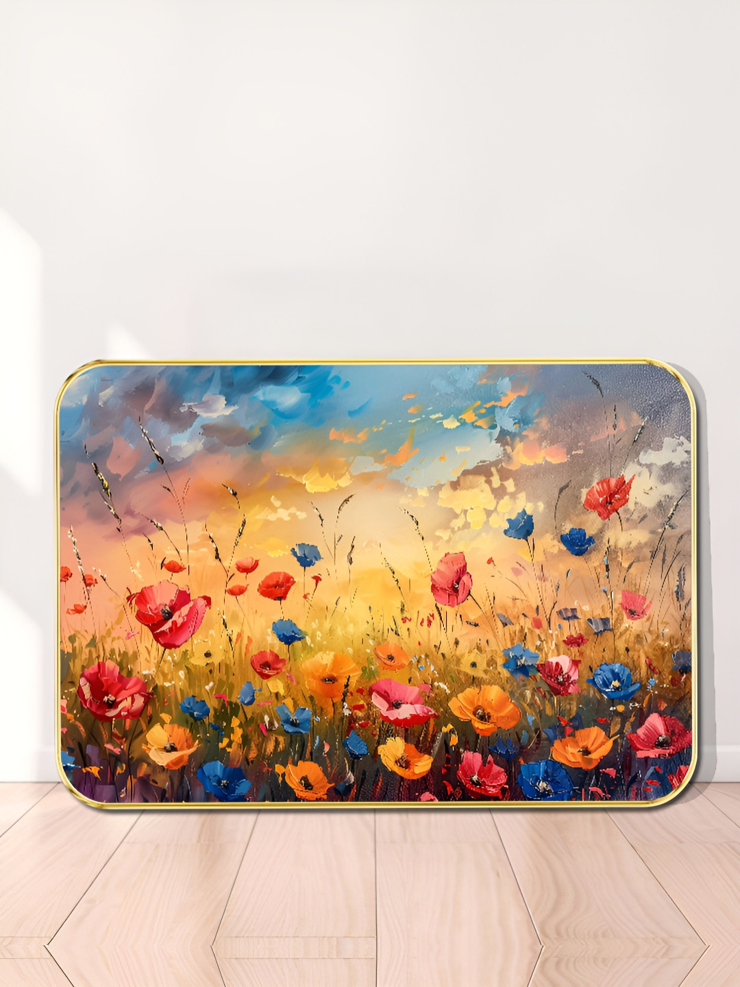 Myntra Elegant Homes Yellow & Blue Wooden Sunset Bloom Field Wall Art