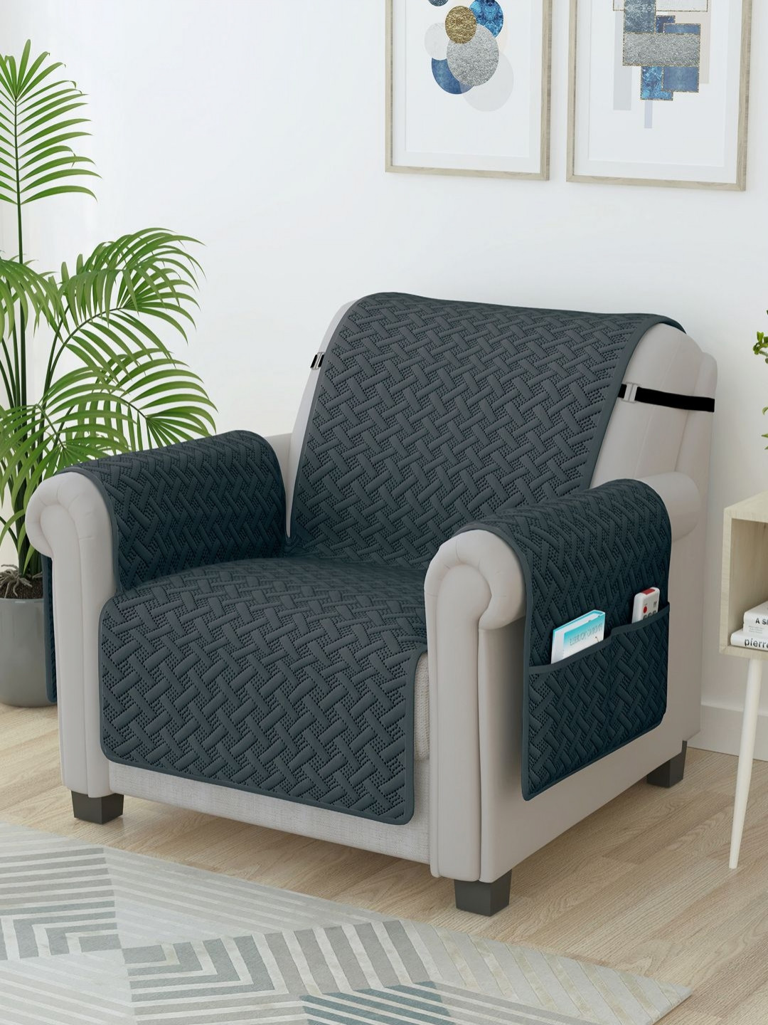 Story@home Grey Self Design Microfiber 1 Seater Sofa Cover With Arms