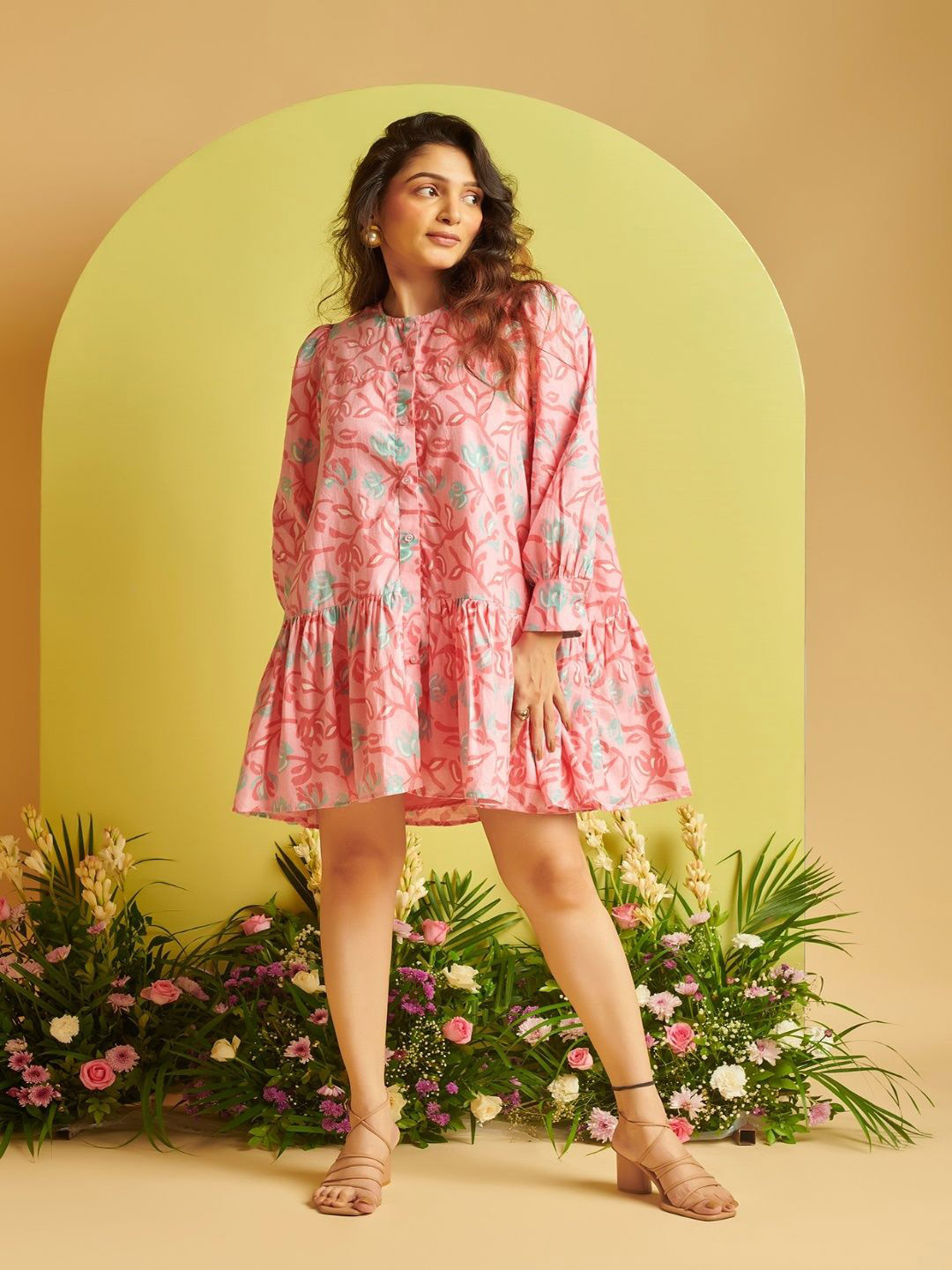 KM LABEL Women Floral Printed Bell Sleeve Drop-Waist Dress