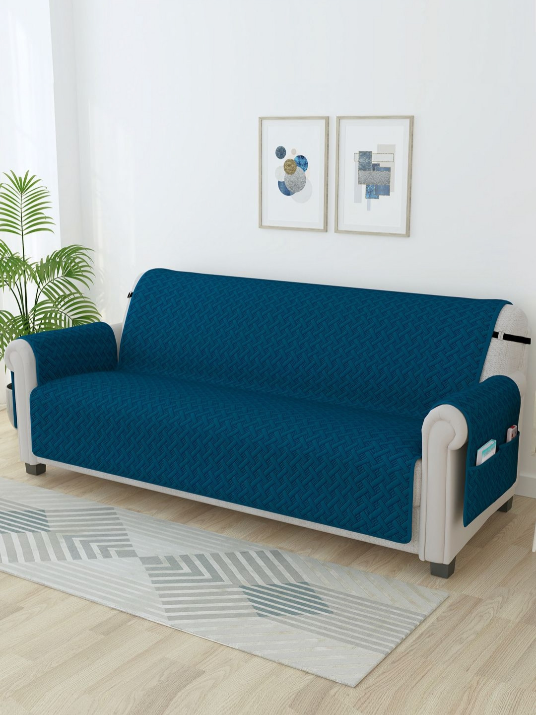 Story@home Navy Blue Self Design Microfiber 3 Seater Sofa Cover With Arms & Side Pockets