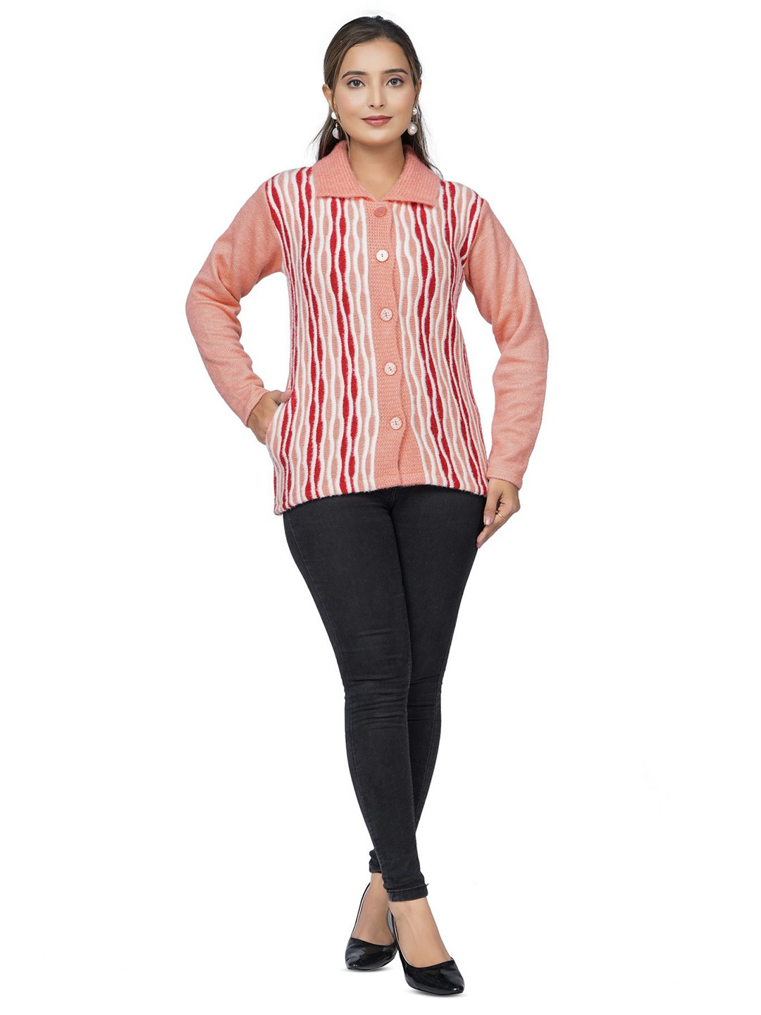 WOOL 4U Women Ribbed Shirt Collar Woollen Cardigan