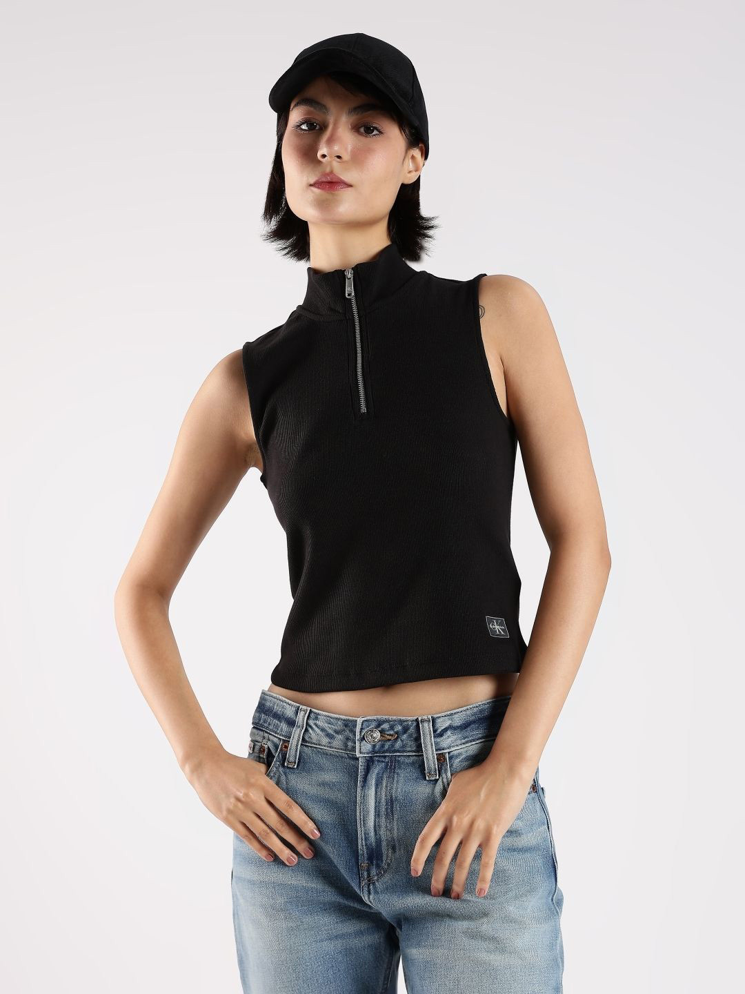 Calvin Klein Jeans Women Self Design High Neck Sleeveless Fitted Crop Top
