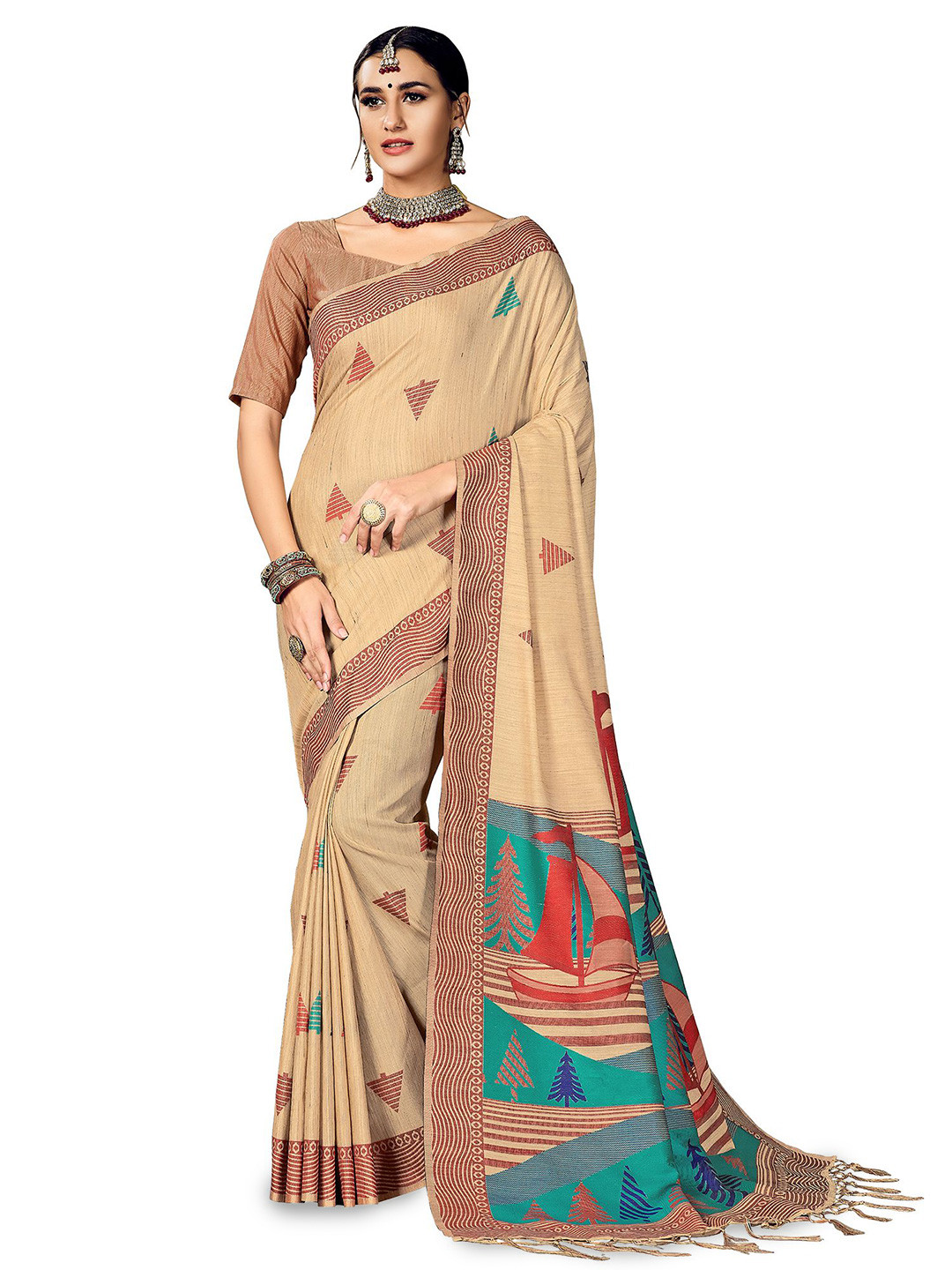 KALINI Geometric Printed Saree with Matching Blouse