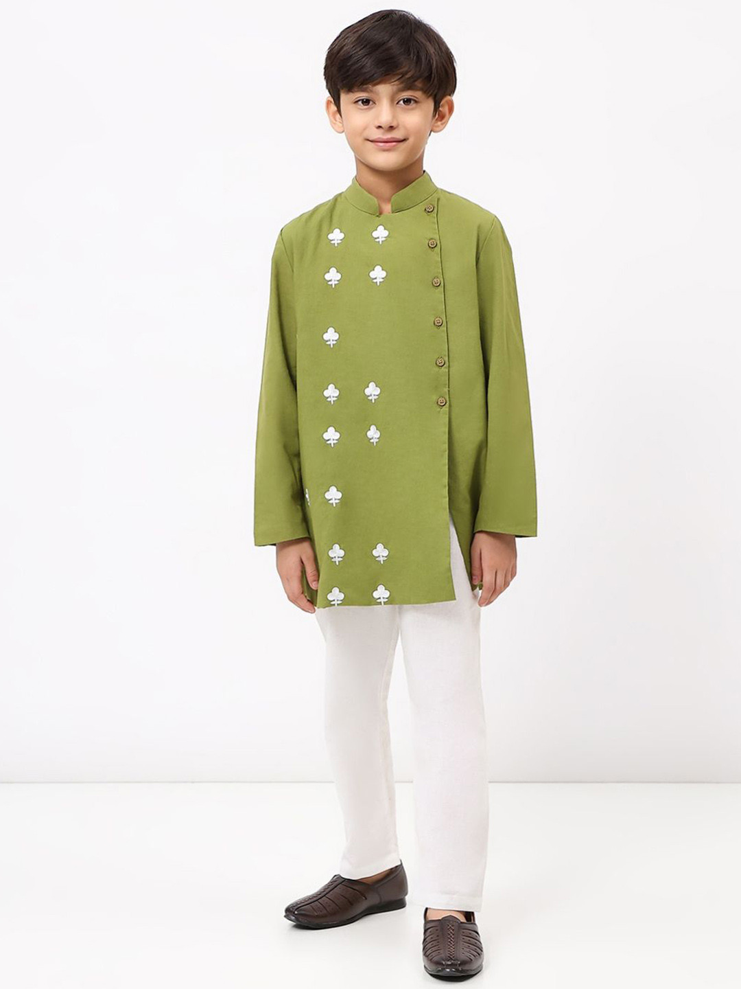 SPUNKIES Boys Olive Green Embroidered Thread Work Cotton Linen Asymmetrical Kurta Set