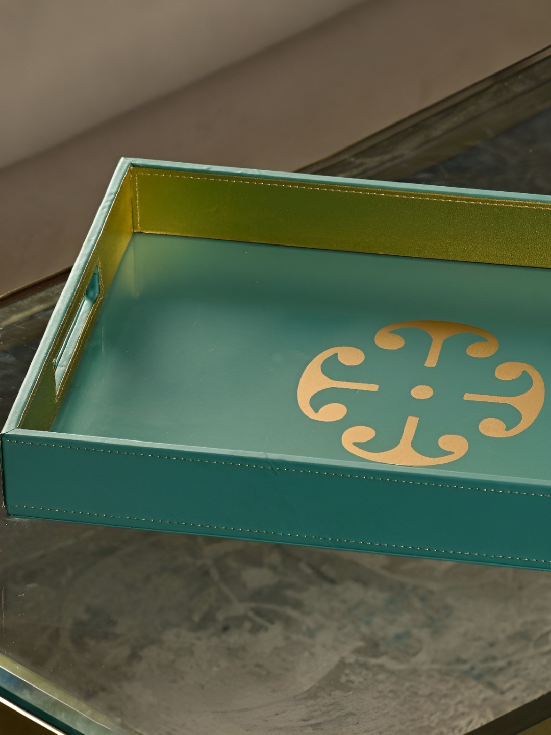 SITARRA LIVING Teal Printed Easy To Clean Wooden Serving Tray