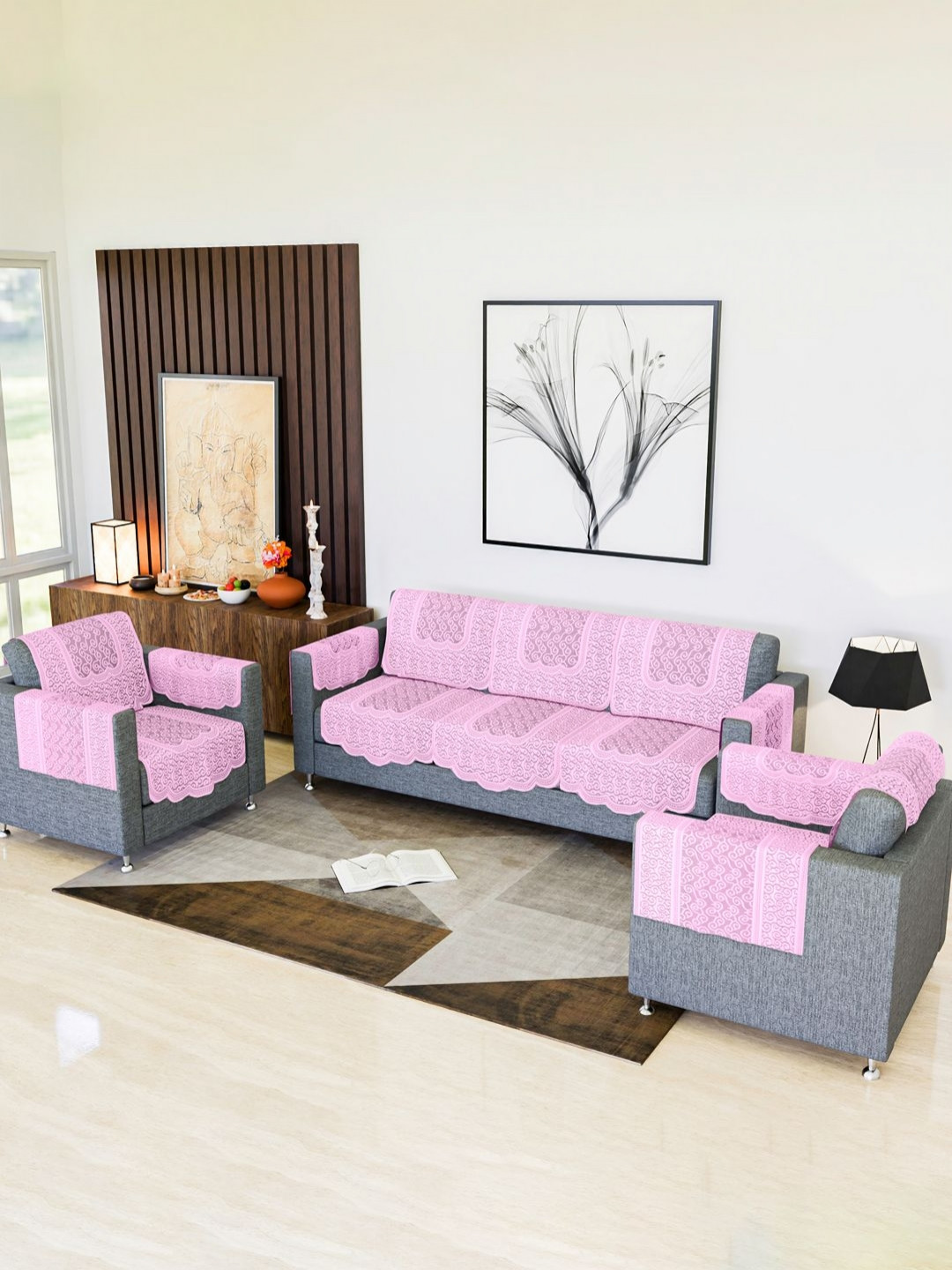 Aura Pink 16 Pieces Zig Zag Printed 5 Seater Cotton Sofa Covers