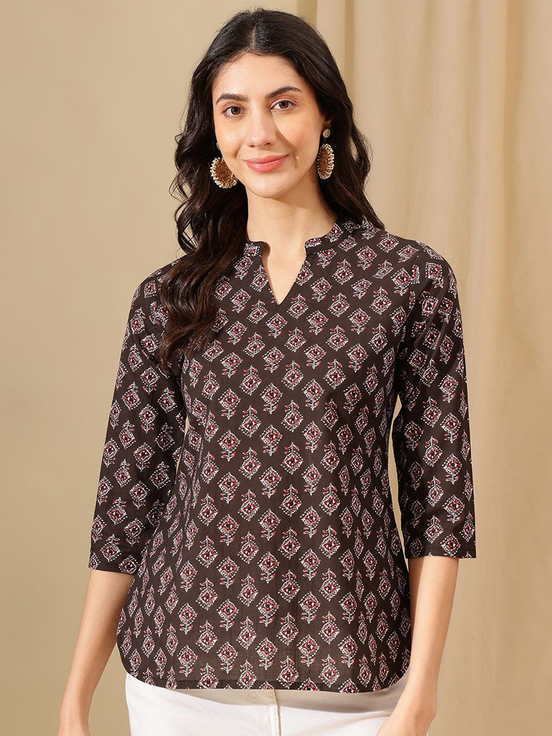 HERE&NOW F Women loral Print Mandarin Collar Cotton Top