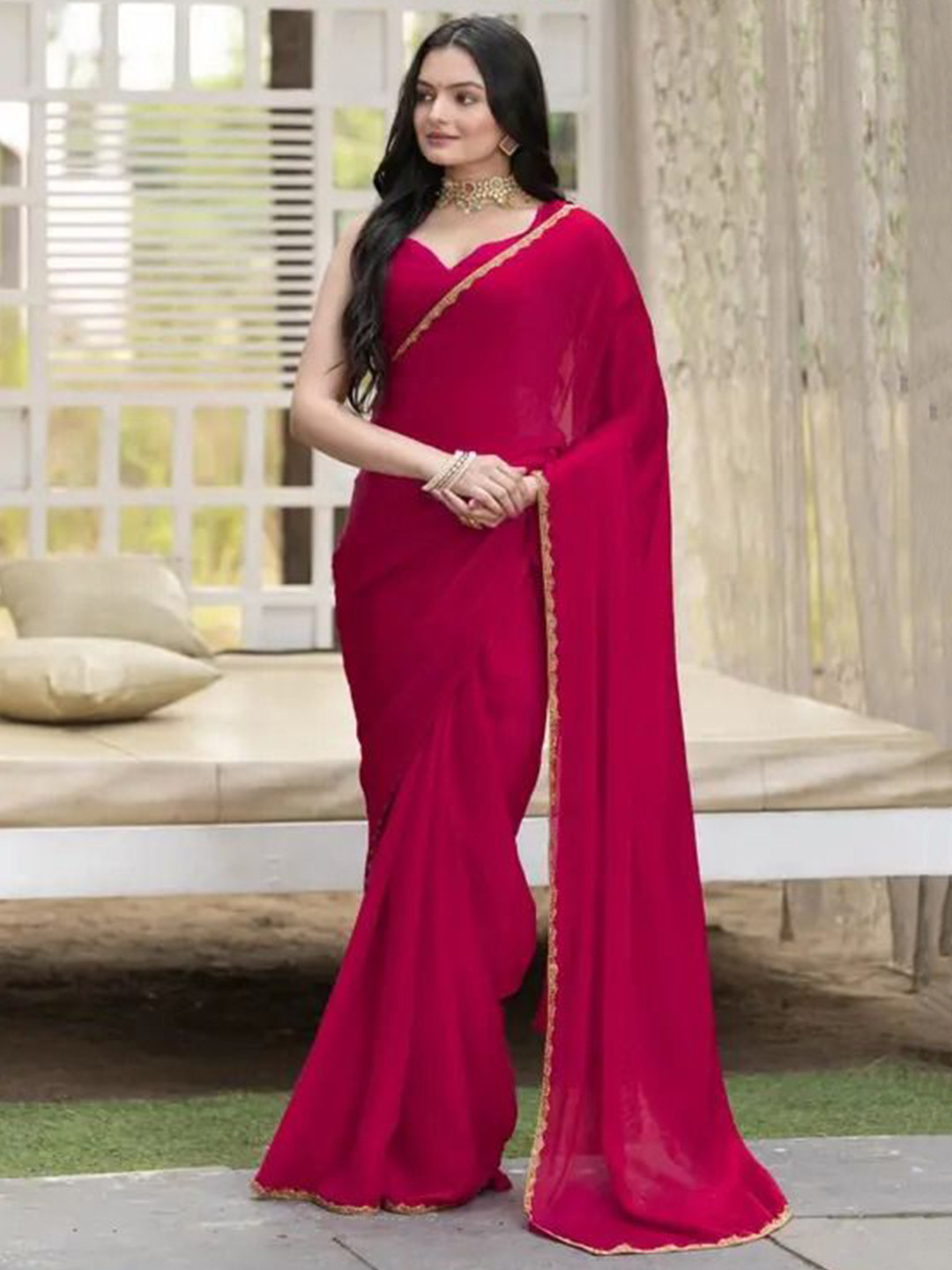 VRAGI Beads and Stones Pure Chiffon Saree