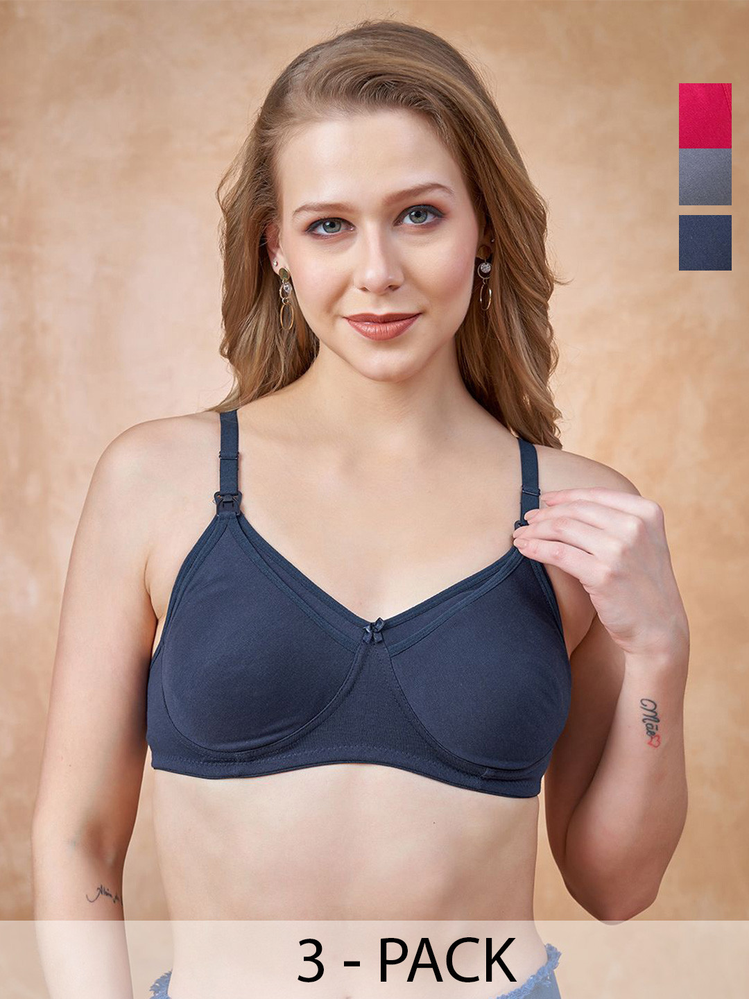 LOVELY MOM'S Women Pack of 3 Cotton Full Coverage Non-Padded Nursing Bra