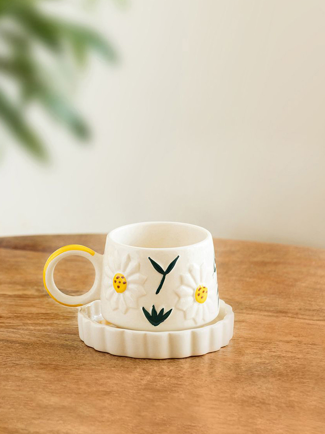 ExclusiveLane Floral Bloom White & Yellow 2 Pieces Printed Ceramic Cups & Saucers 250ml