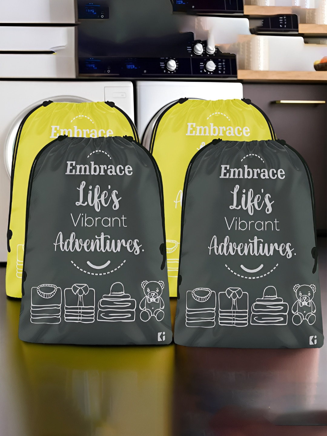 Aura Yellow & Black 4 Pieces Printed Foldable Laundry Bags