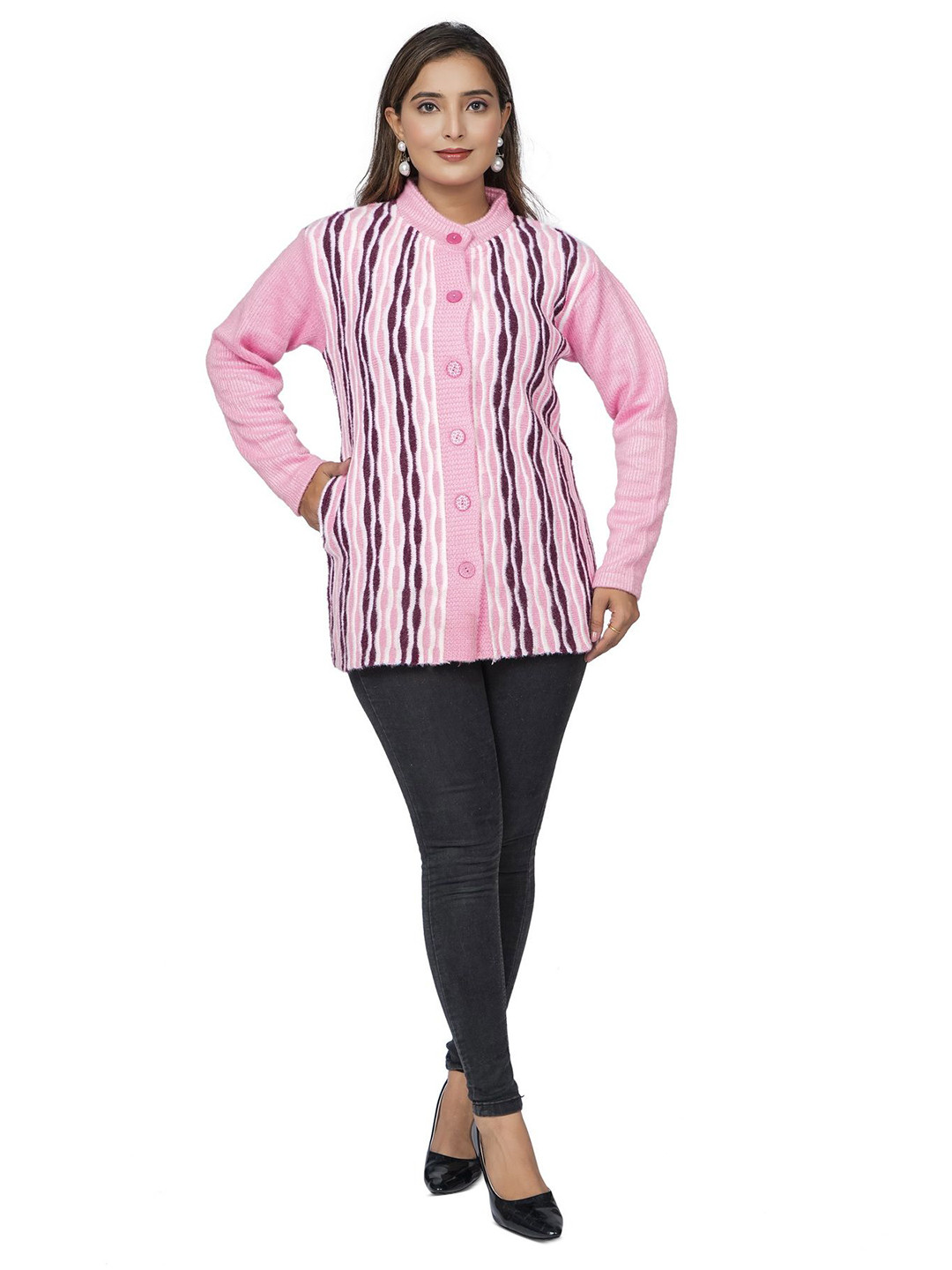 WOOL 4U Women Ribbed Button Detail Woollen Longline Cardigan