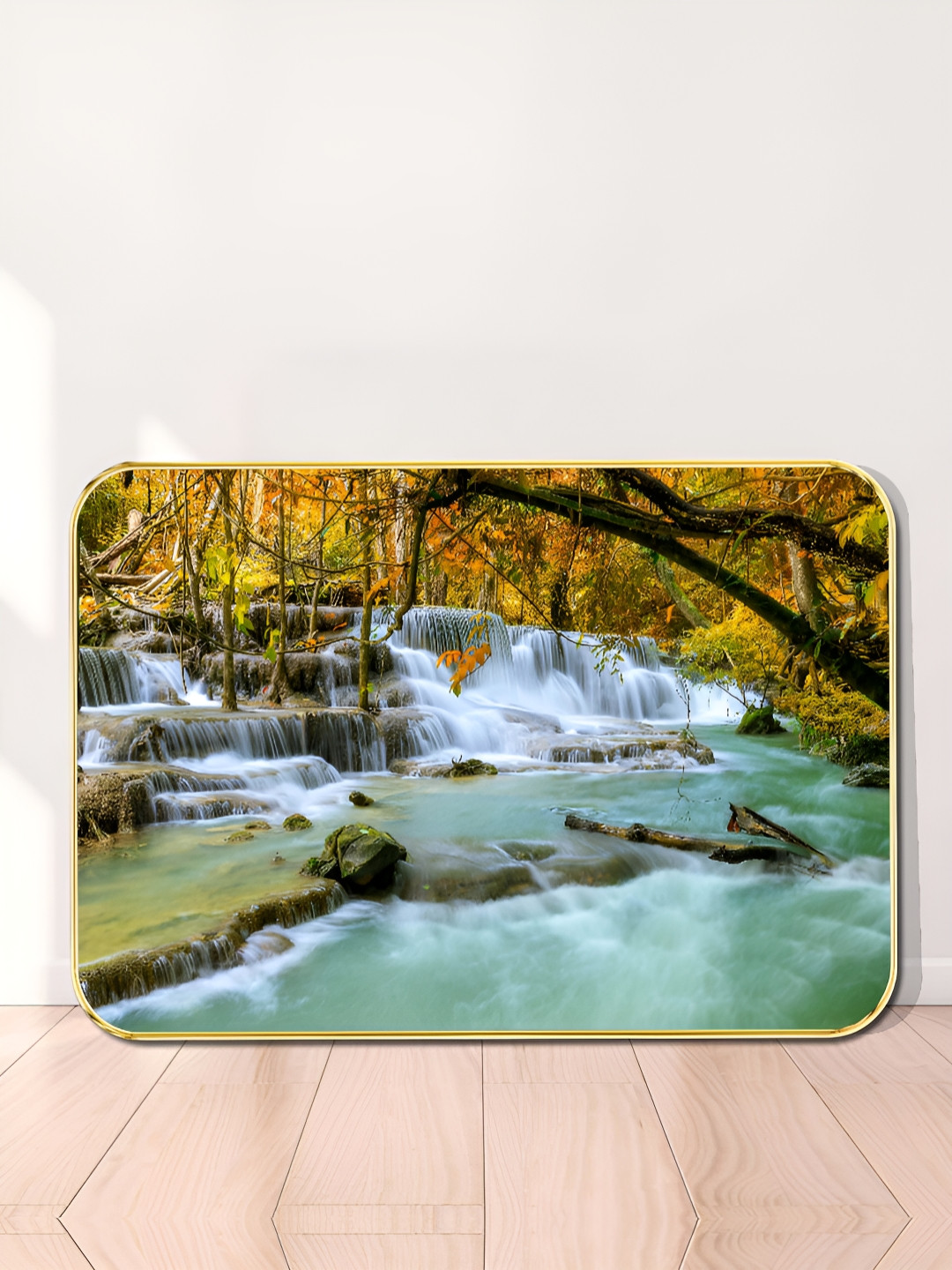 Myntra Elegant Homes Blue & Yellow Wooden Scenic Waterfall Wall Art