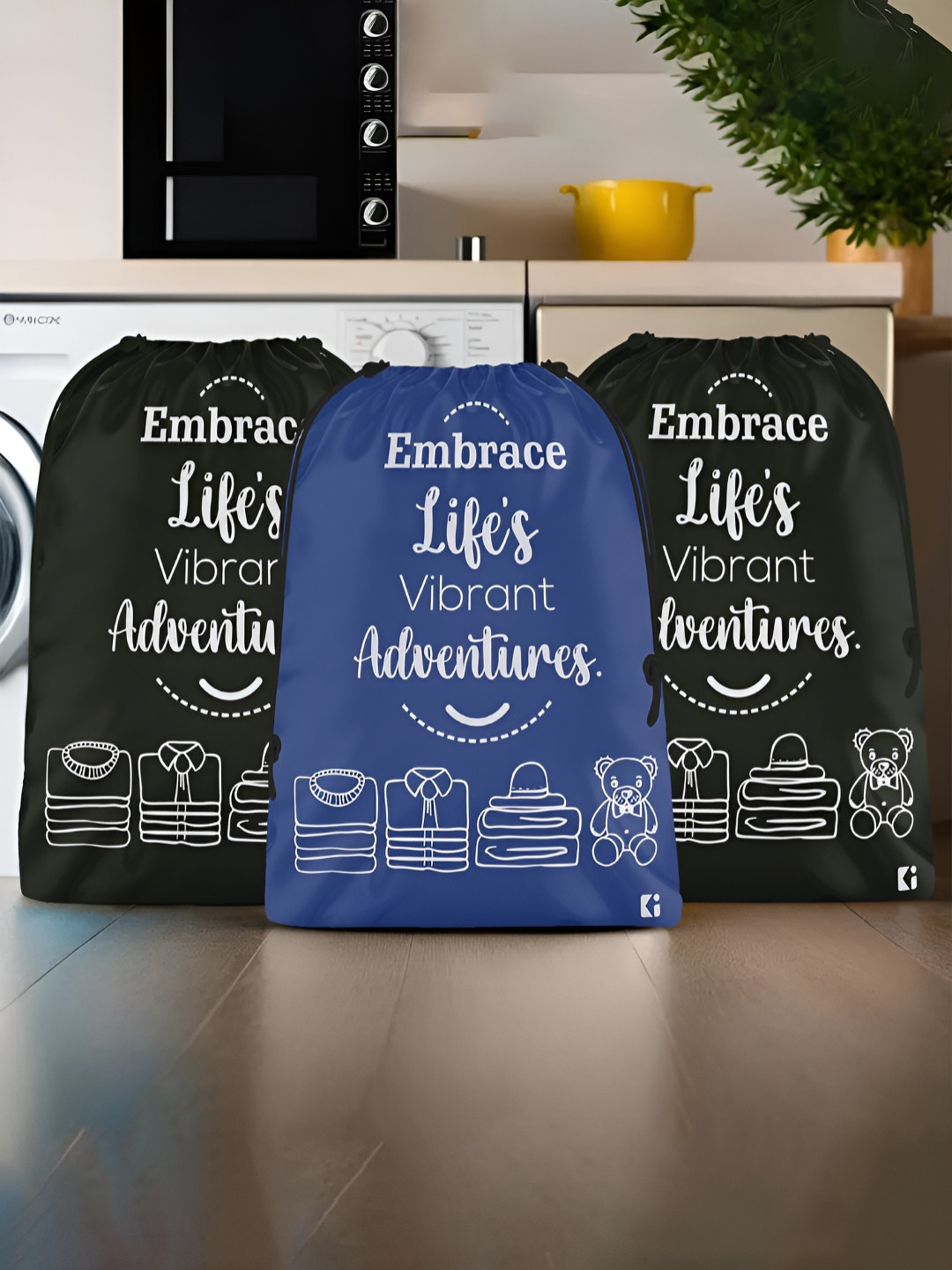 Aura Blue & Black 3 Pieces Printed Foldable Water Resistant Multi-Utility Laundry Bags