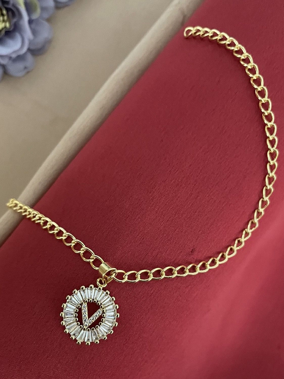 Digital Dress Room American diamond Studded V Letter Round Pendant Wraparound Rakhi